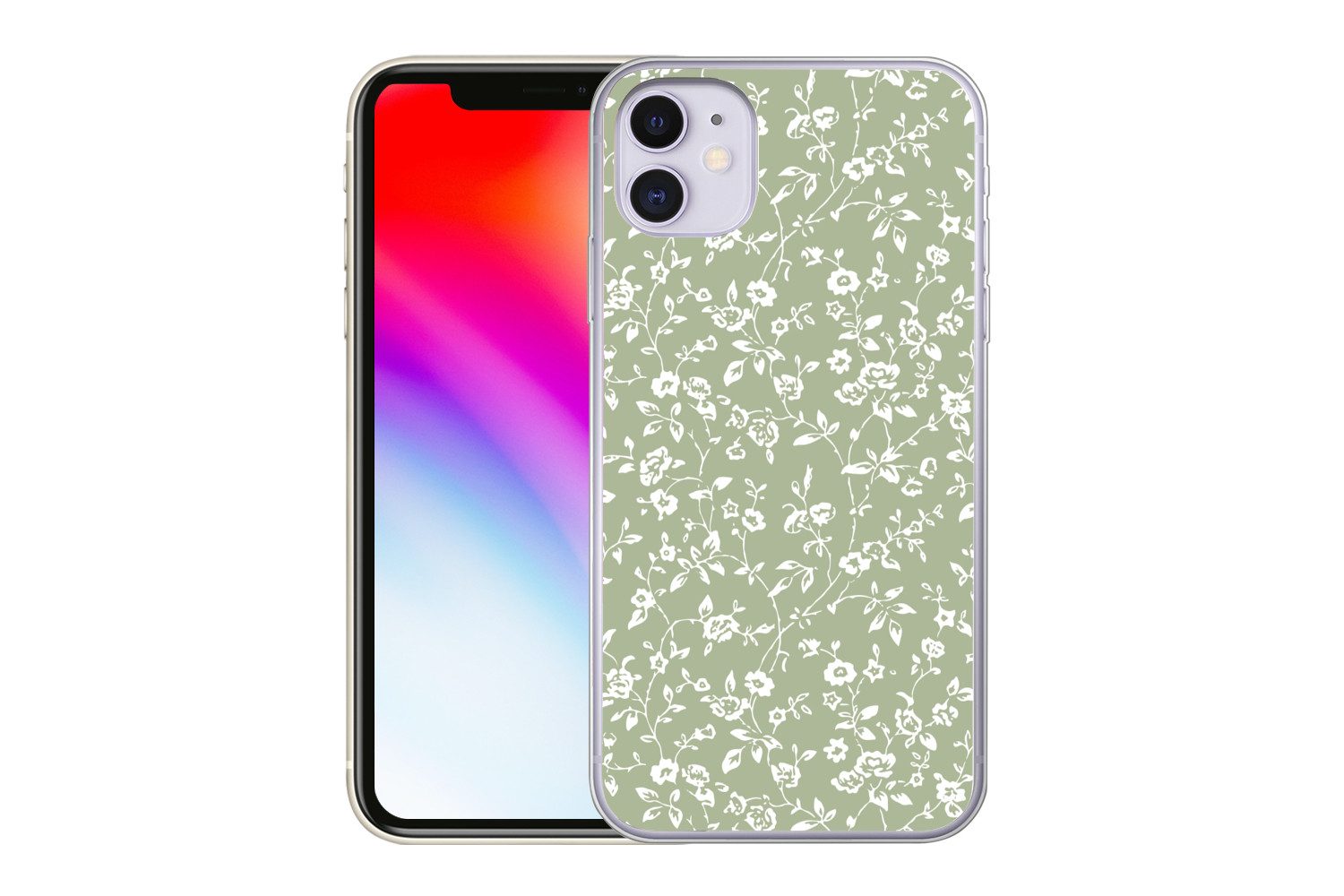 MuchoWow Handyhülle für Apple iPhone 11 Blumen - Druck - Grün - Weiß, Smartphone-Bumper, Print, Handy Schutzhülle Dünn