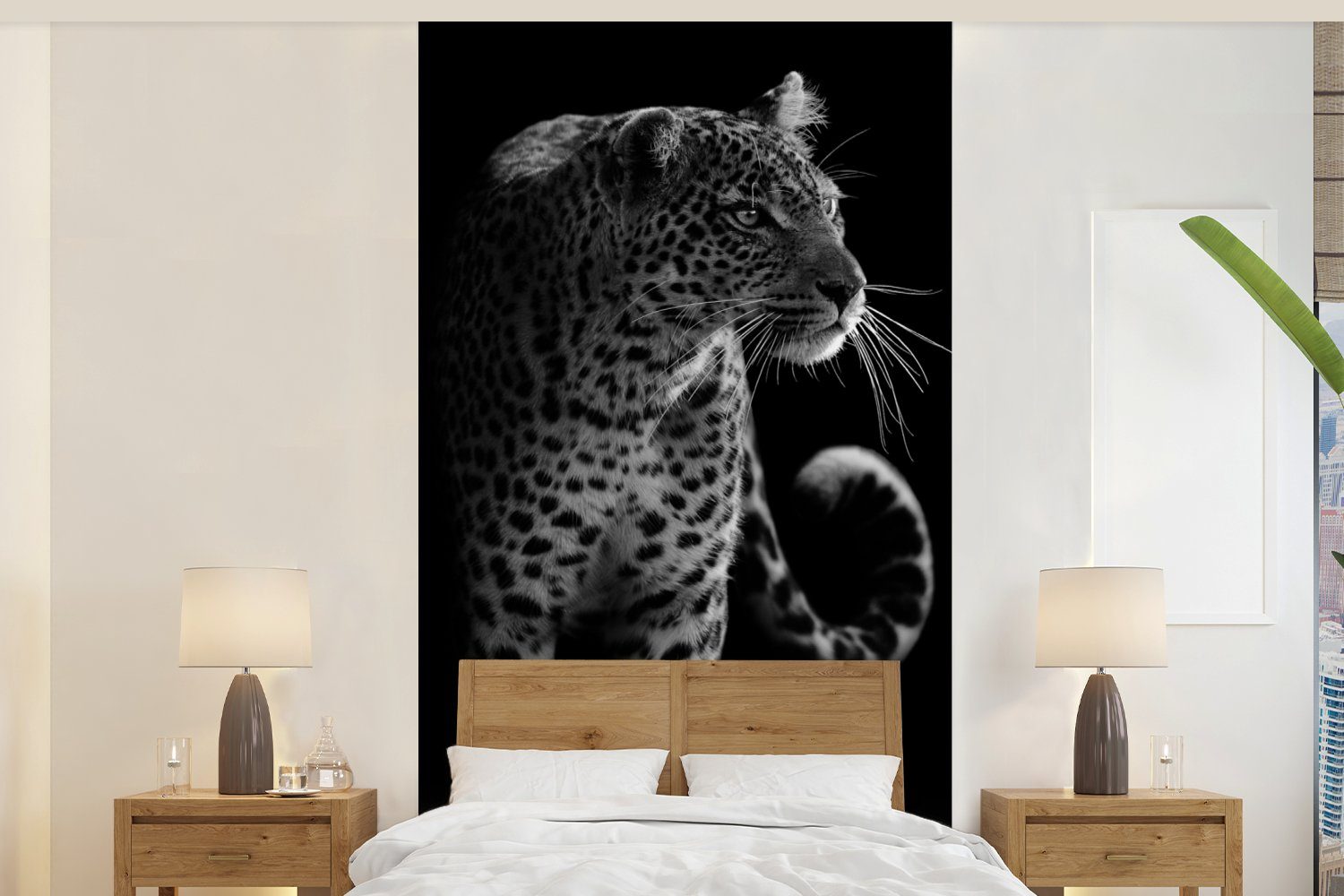 MuchoWow Fototapete Wildtiere - Leopard - Natur - Schwarz - Weiß, Matt, bedruckt, (2 St), Vliestapete für Wohnzimmer Schlafzimmer Küche, Fototapete