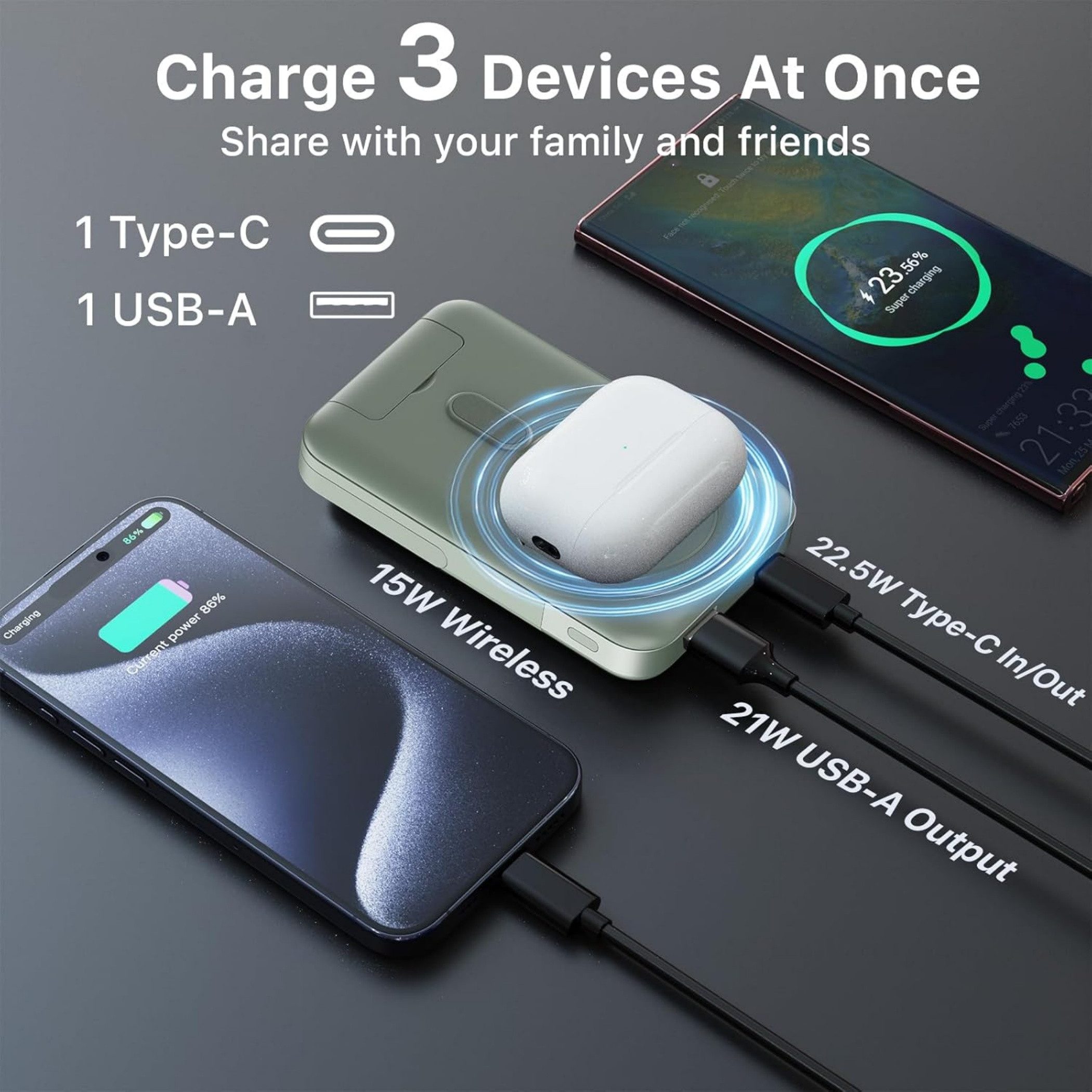 NOBIS Powerbank MagSafe 10000mAh Magnetische Powerbank mit Ständer Powerbank, 22,5W PD Schnellladen, Kabellose Powerbank mit LED-Display USB-C USB-A