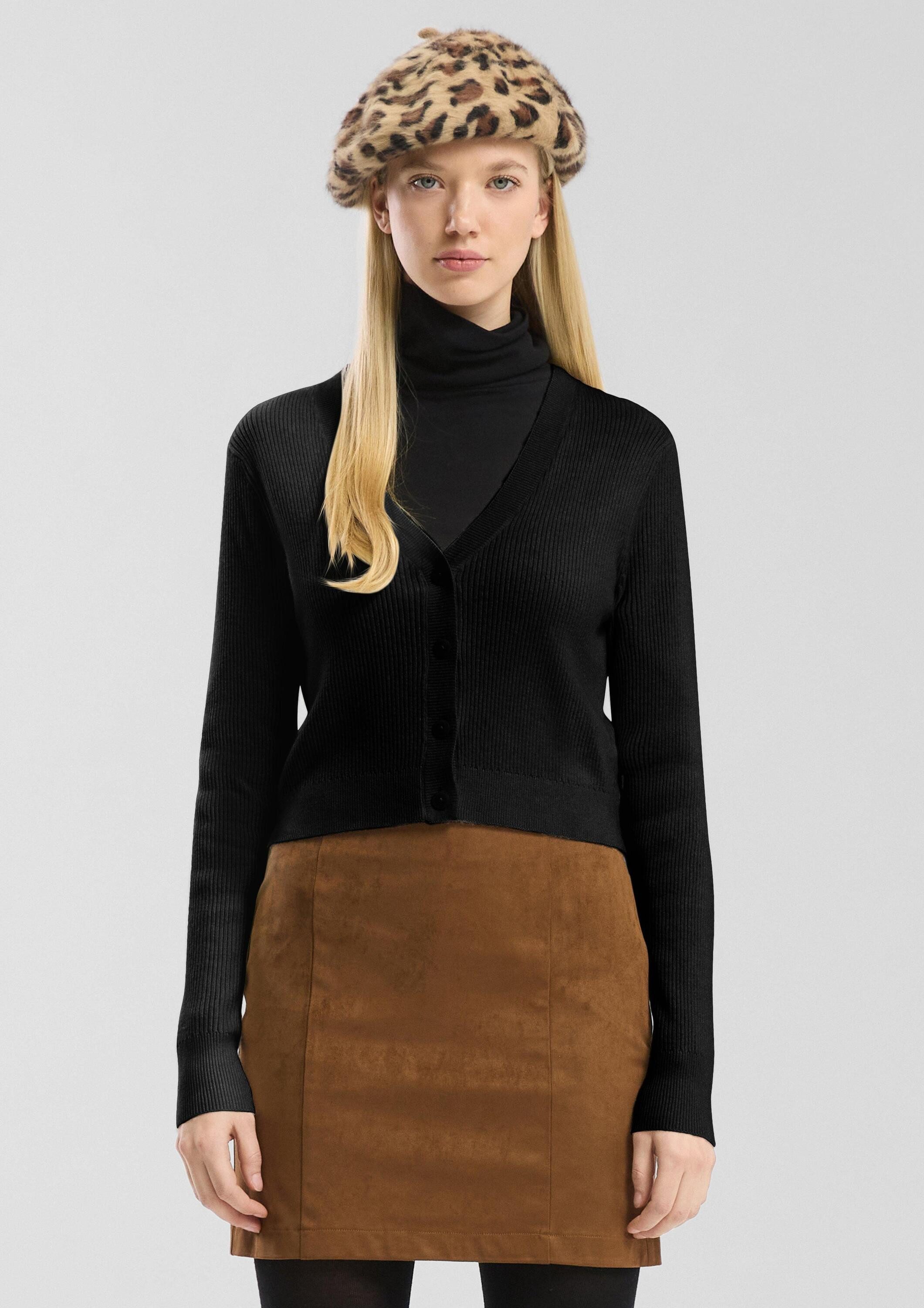 QS Cardigan Strickjacke Verkürzte Strickjacke mit Rippstruktur