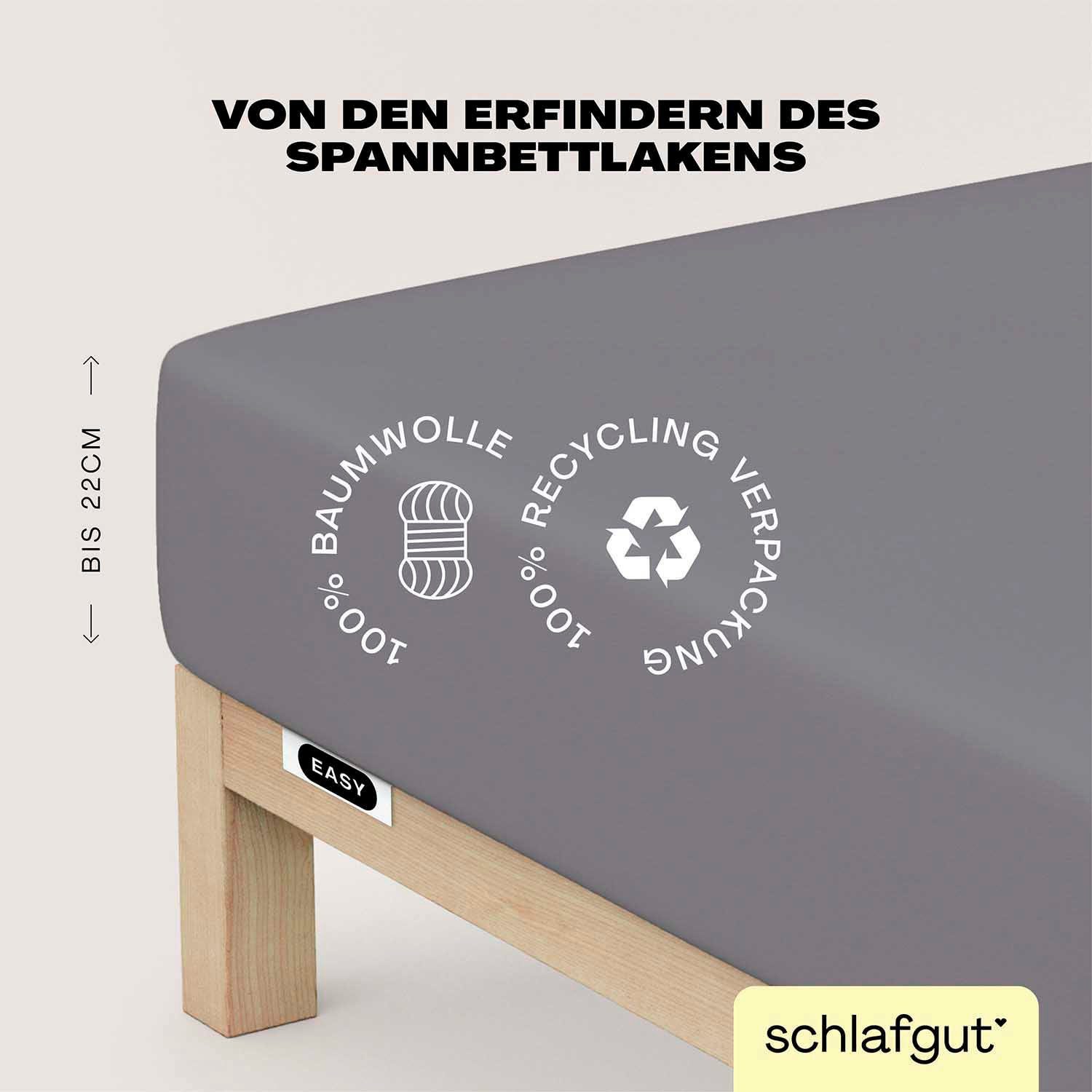 Schlafgut Spannbettlaken EASY JERSEY Bettlaken, 150 g/m², 100% Baumwolle, Spannbetttuch, Jersey, Gummizug: rundum, (1 Stück), Spannbettlaken bis 22 cm Höhe, bügelfrei, pflegeleicht, perfekter Sitz