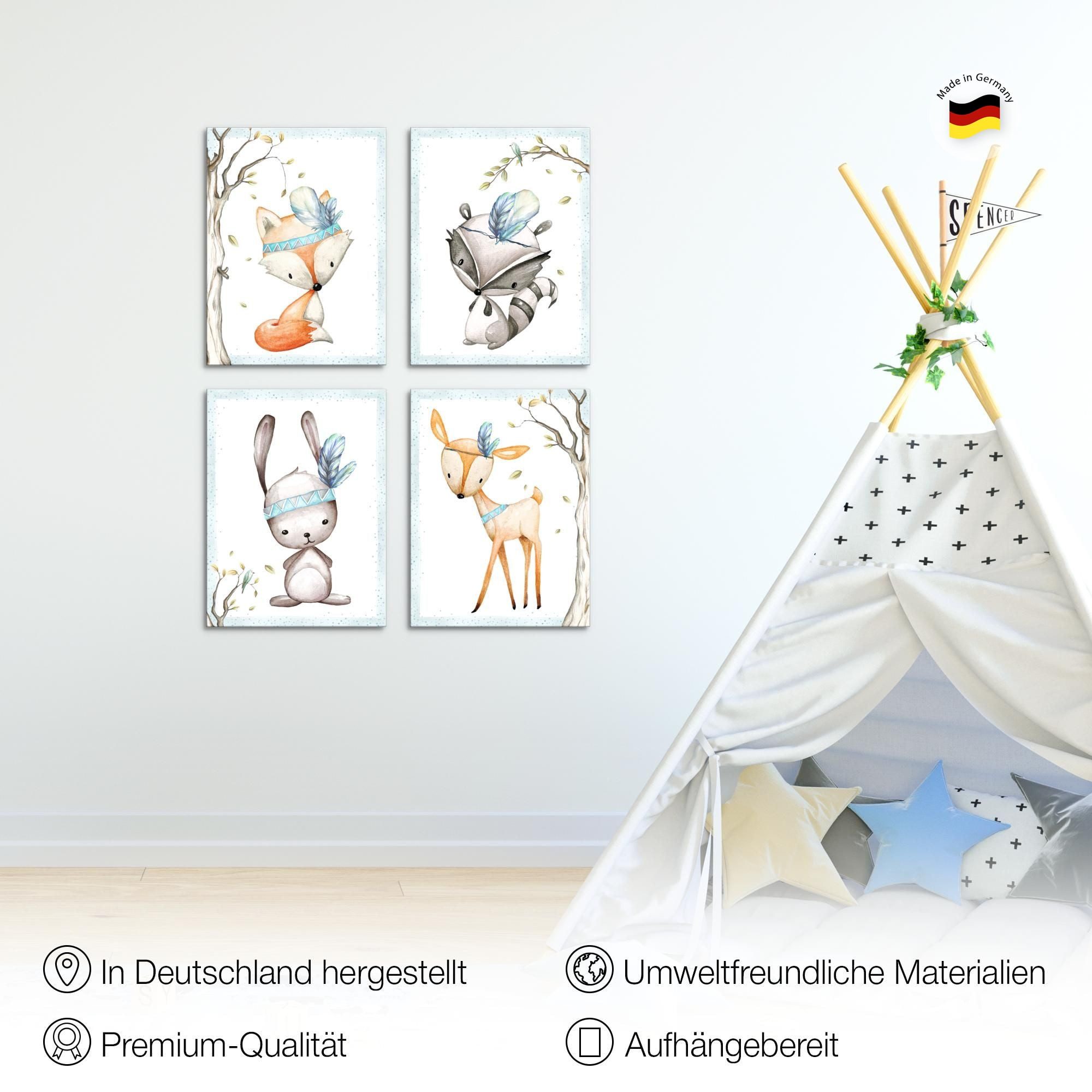 Novart Wandbild Kinderzimmer Tiere Bilder Set 4 Teile 30x40 cm Babyzimmer, (4 St)