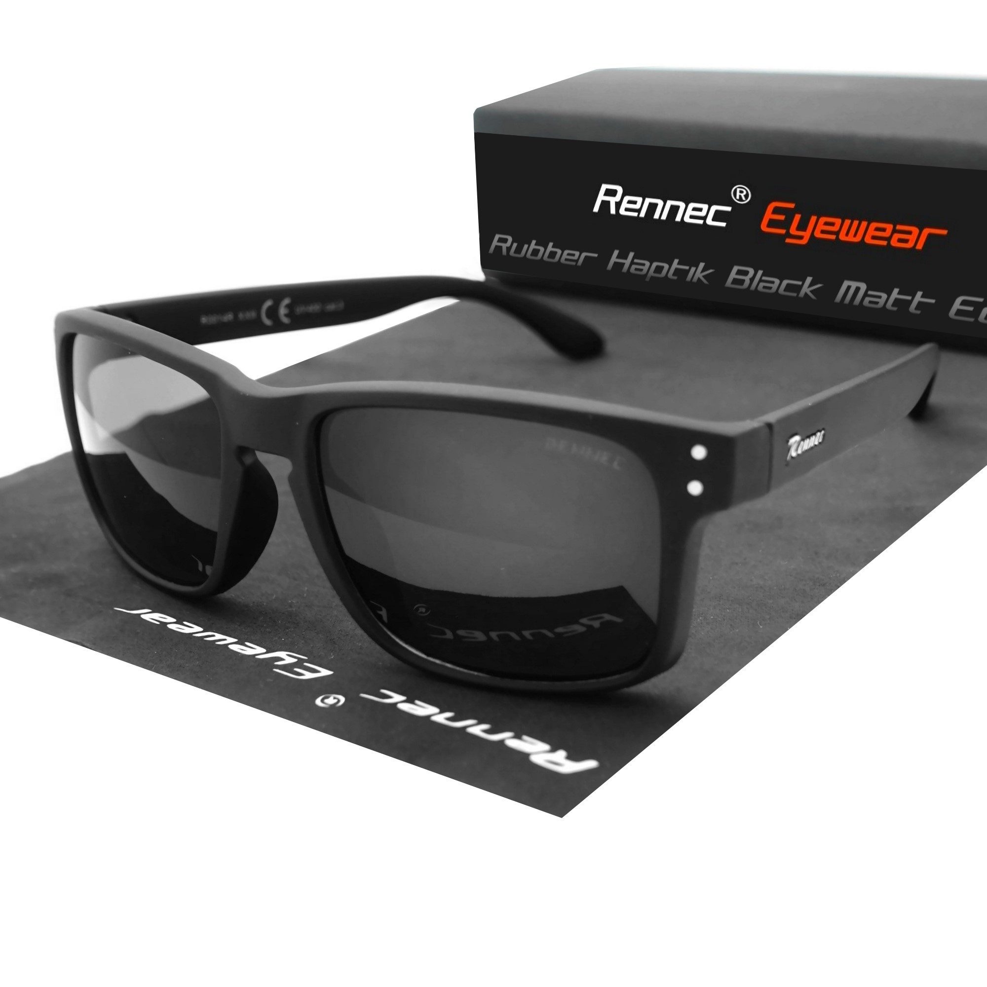 Rennec Sonnenbrille Herren Matt Schwarz Getönt Rechteckig inkl. Hardcase Rubber Haptik, 3in2 Bügelgelenke, Markenschriftzug