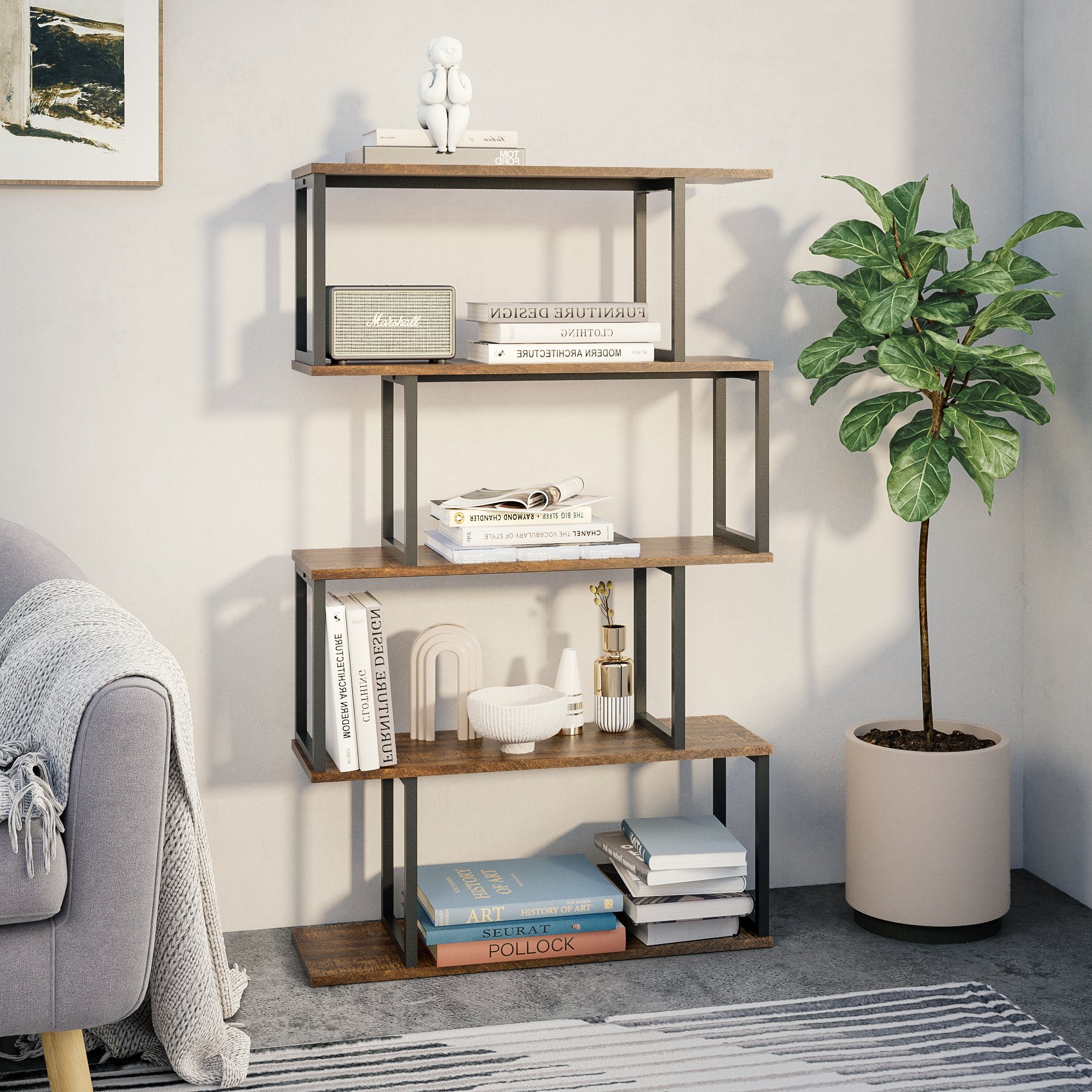 Mondeer Bücherregal Standregal, mit Metallrahmen, 76x24x127.5cm, Braun