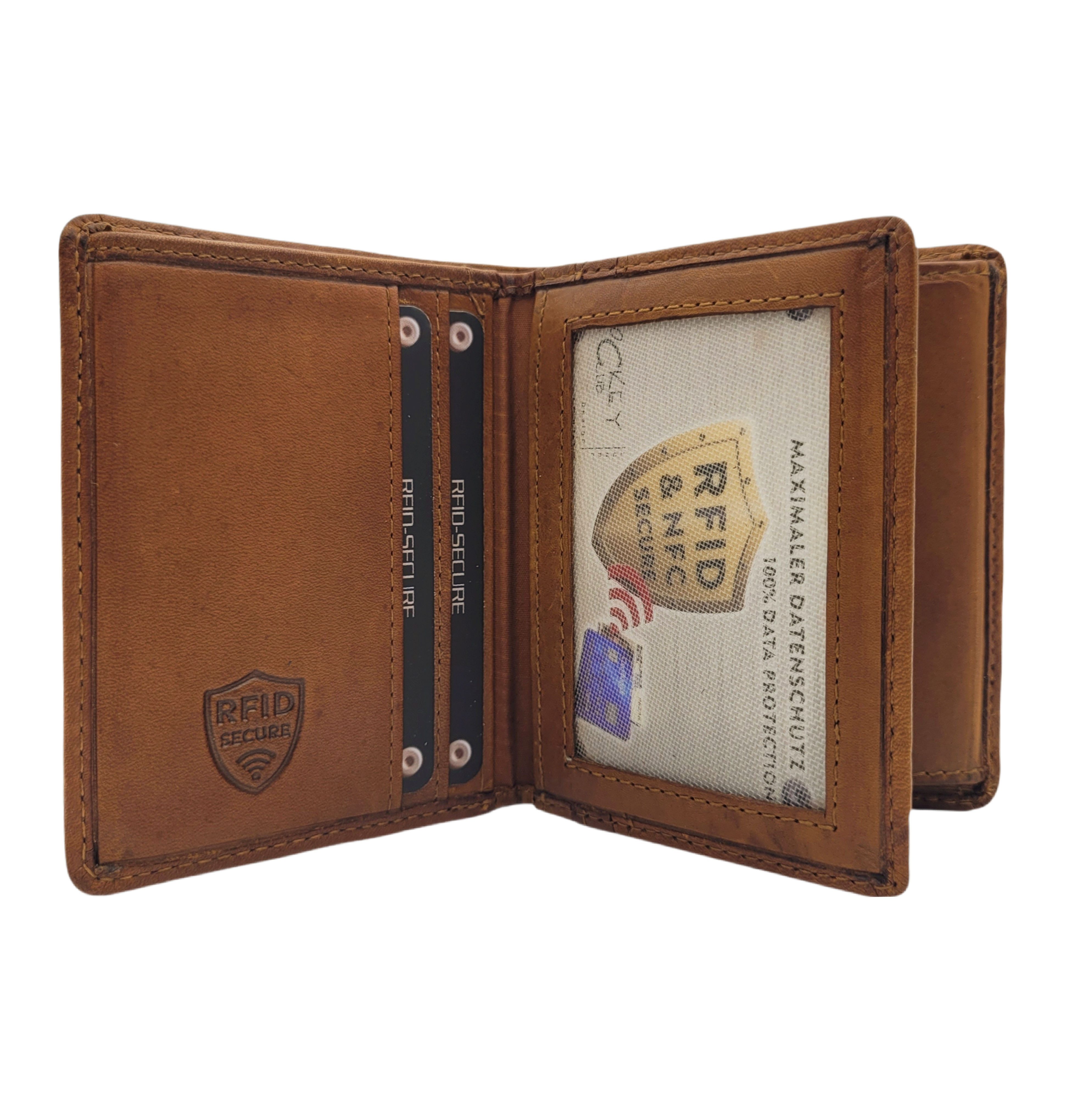 JOCKEY CLUB Mini Geldbörse echt Leder Portemonnaie mit RFID Schutz vintage braun, gewachstes Rindleder