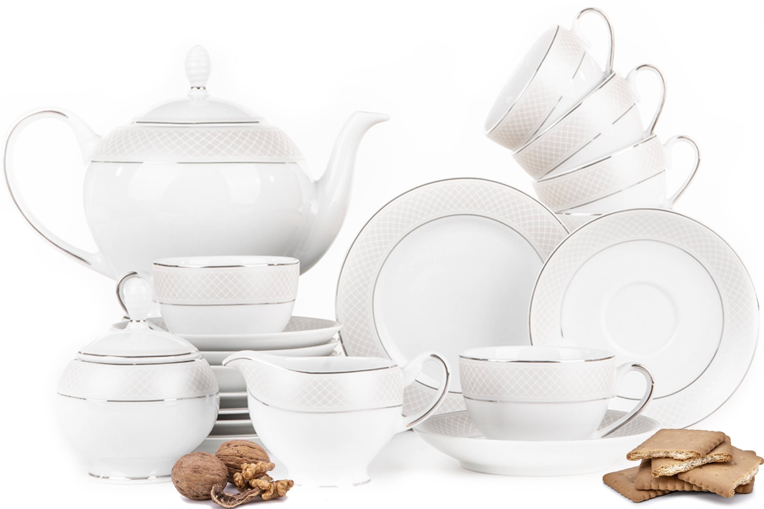 KONSIMO® Kaffeeservice SCANIA Teeservice (21-tlg), 6 Personen, Porzellan, Teeservice, Dessertteller, Teekannen, Zuckerdose, Milchkännchen