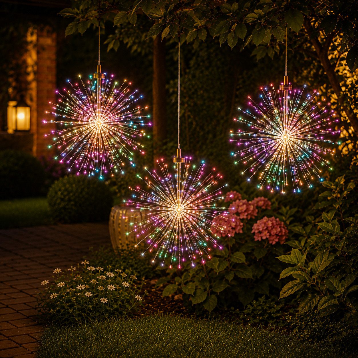 ibettertec LED Solarleuchte 4 Stück LED Solar Gartendeko Solarlampen Garten 80 LED Feuerwerk, 26cm Feuerwerk hängend, LED fest integriert, gartendeko, solarlampen für außen, Bunt, Warmweiß, Leuchtmittel, Wetterfest Pusteblume Solarlampen 8 Modi mit Erdspi