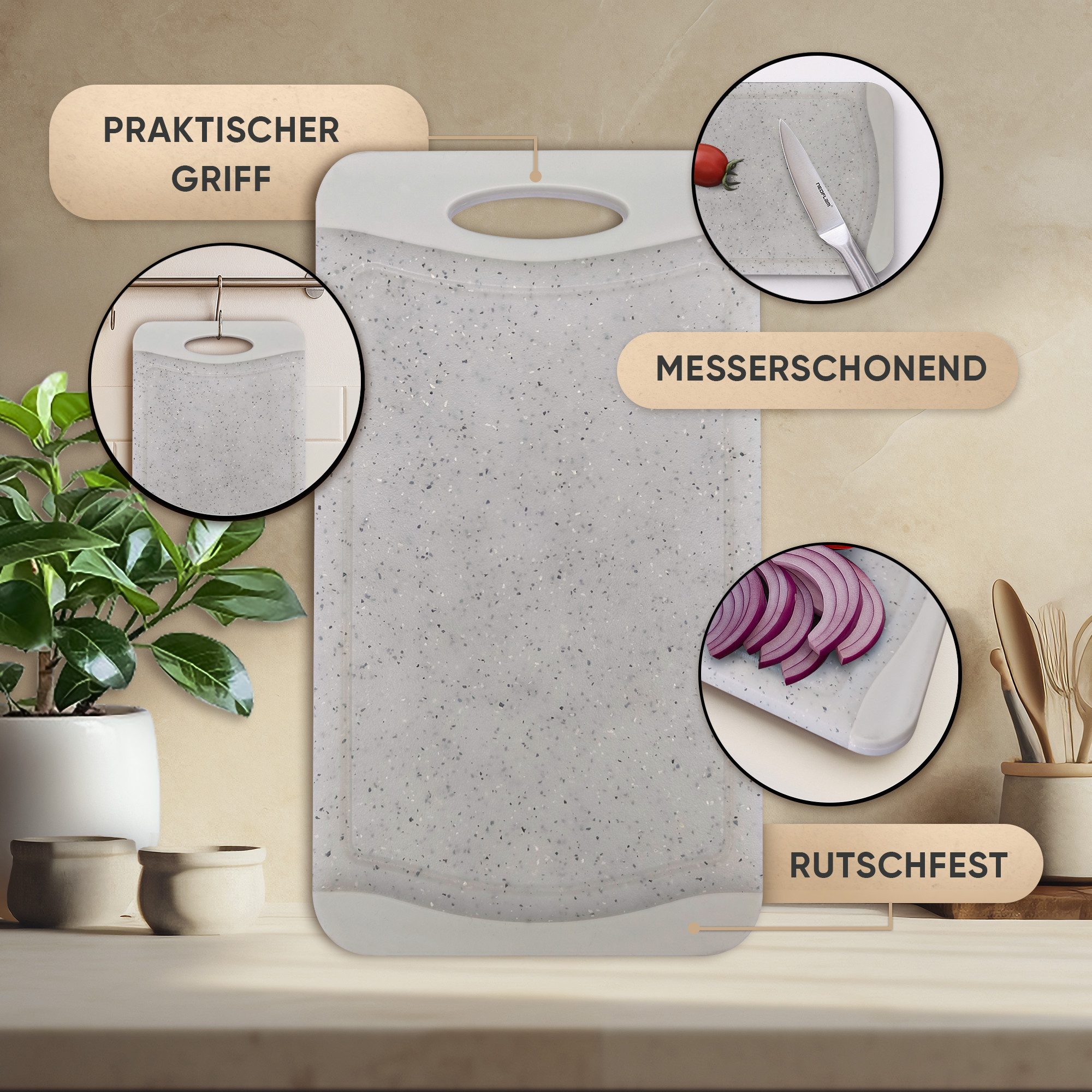 NEOFLAM® Schneidebrett Flutto Antibakterielles Frühstücksbrettchen Set 4tlg. - Granitgrau, Kunststoff (PP), (4-St)