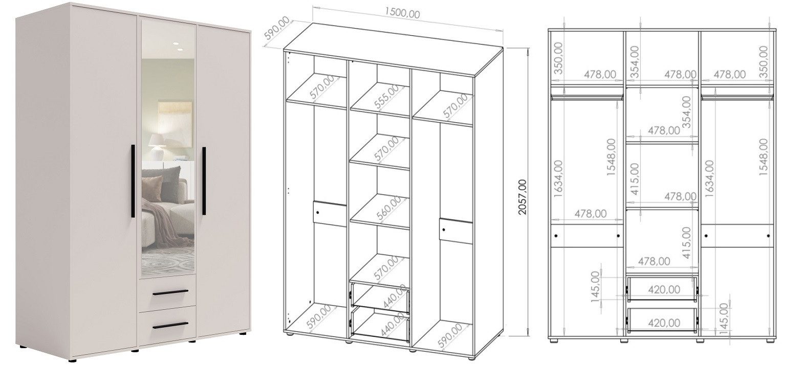 Marmex Möbel Kleiderschrank MAXIONE 12 Drehtürenschrank Spiegelschrank 150 x 205,7 x 59 Schubladen, Garderobenschrank