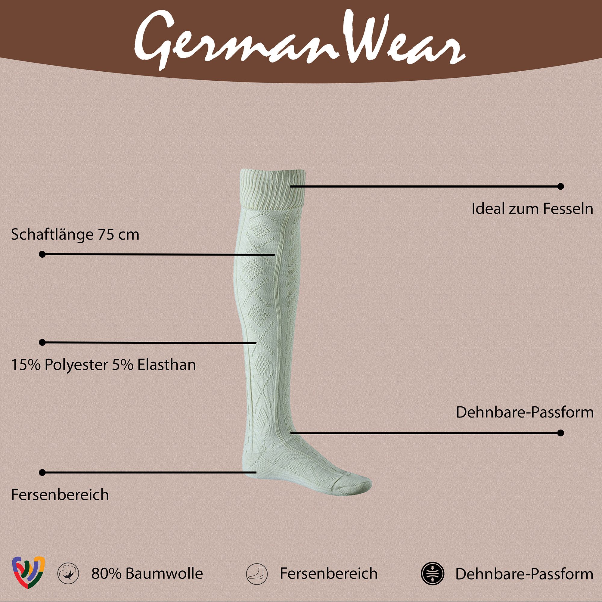 German Wear Trachtensocken GW260 EXTRA Lange Trachtensocken Kniehoch Strümpfe Socken 75cm