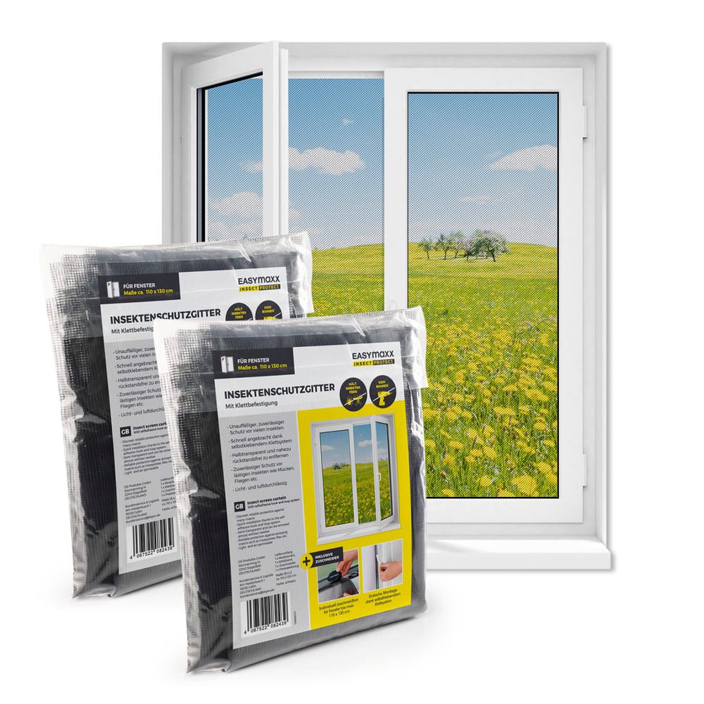 EASYmaxx Insektenschutz-Fensterrahmen Insect Protect Insektenschutzgitter 110x130cm mit Klettverschluss, (2-St), Moskitonetz, Montage ohne Bohren, zuschneidbarer Insektenschutz