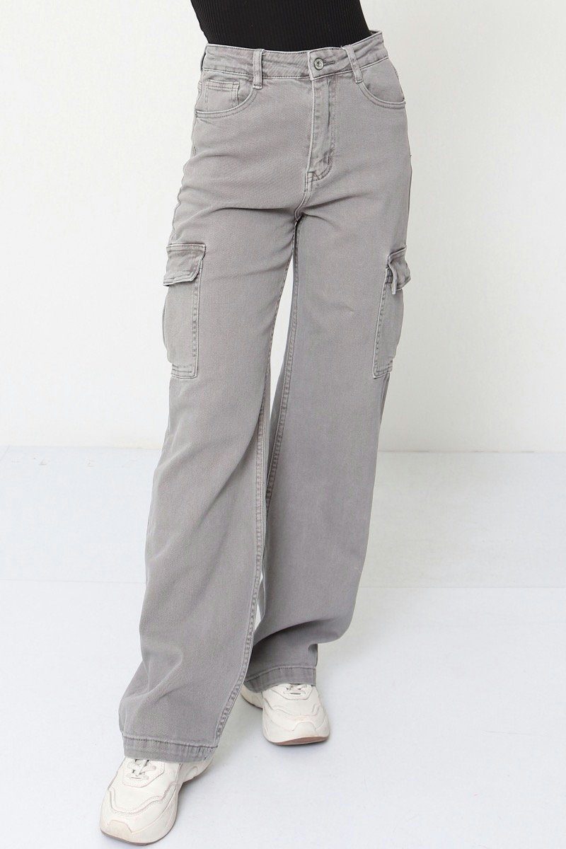 Cargojeans Beine, Cargo breite MISS Trending Jeans Cargohose Wide Leg Cargotaschen mit HELLO