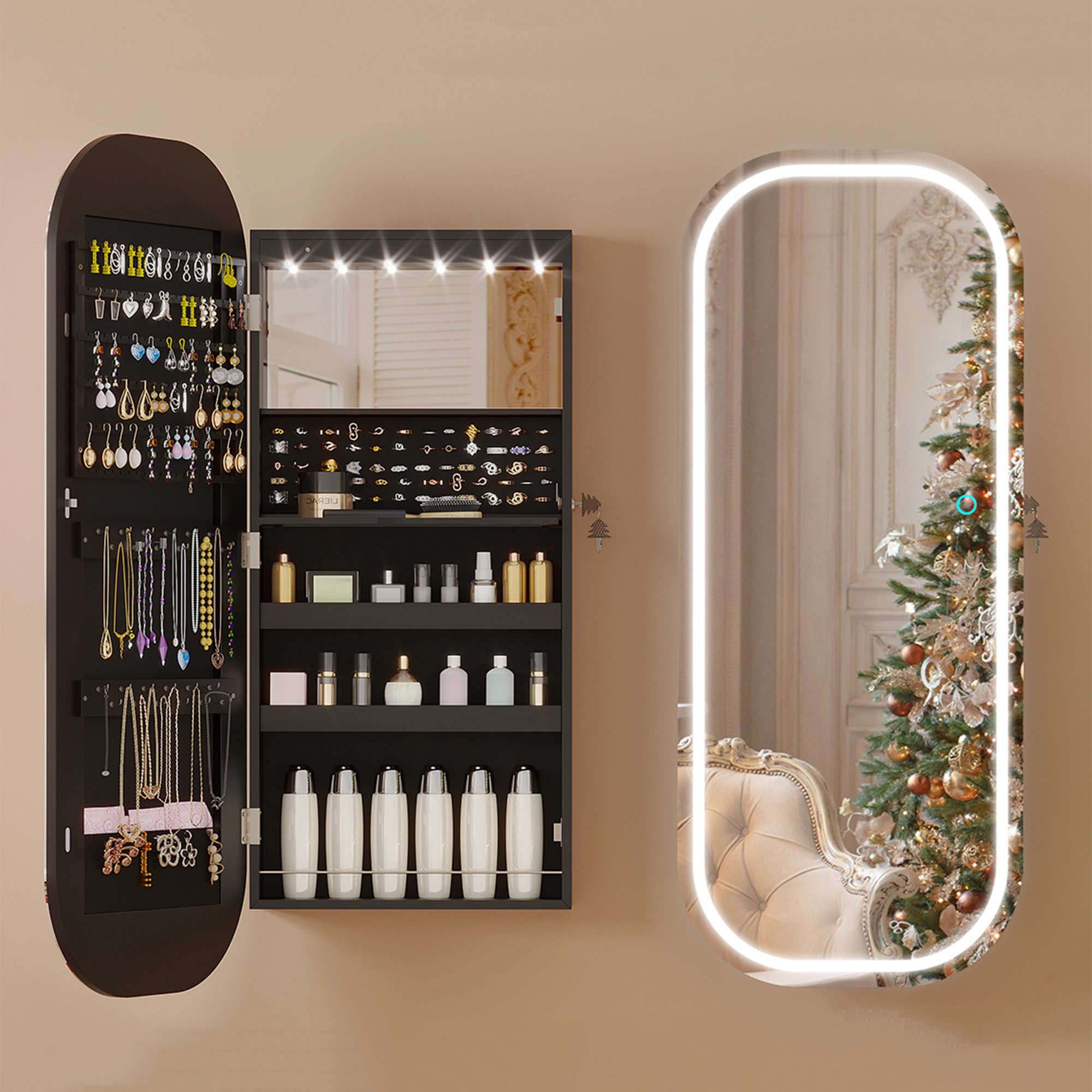 LVSOMT Schmuckschrank LED Oval Schmuckschrank mit 3 Farben Licht und Spiege günstig online kaufen