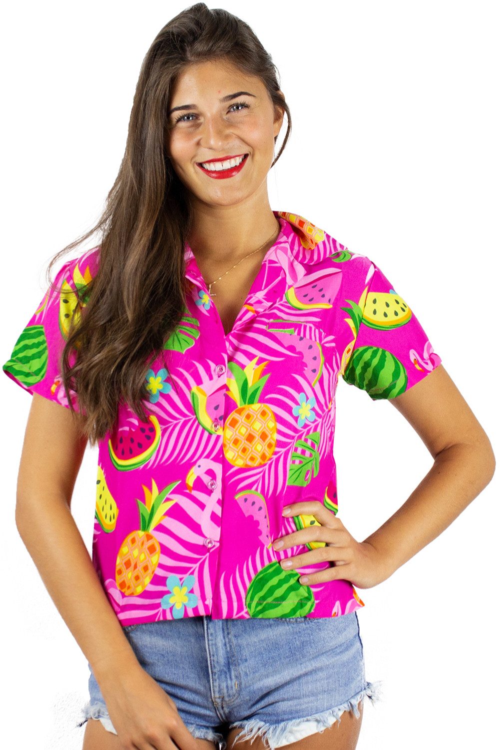 King Kameha Hawaiihemd Flamingo Melone Funky Hawaiibluse Damen Kurzarm Front-Tasche Stylish