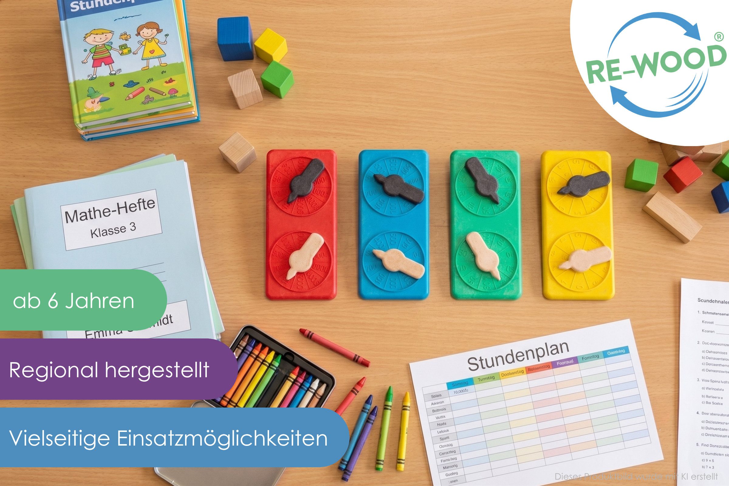 Wissner® aktiv lernen Lernspielzeug Dezimalstellenwert-Drehräder (4 Stück), RE-Wood