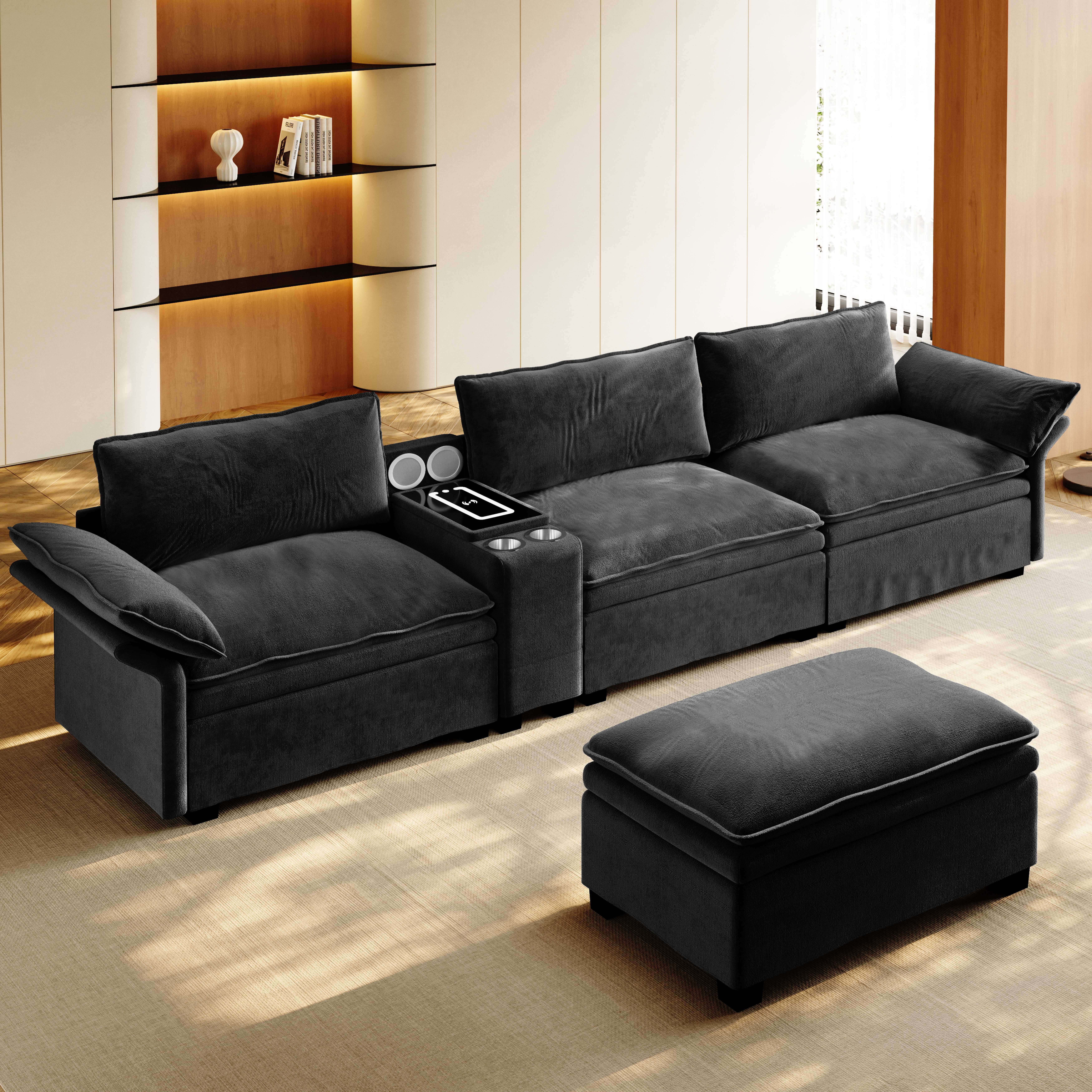 BlingBin Ecksofa Modulares Ecksofa 315 cm L-Form Chenille, Modulsofa 4-Sitzer mit Ottoman, Entertainment-Konsole, mit Stauraum & Becherhaltern, inkl. Wireless Charging & Lautsprecher