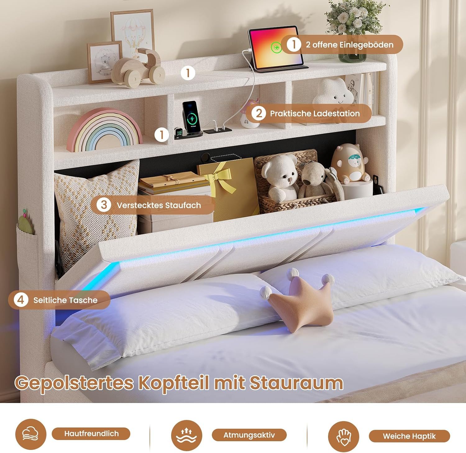MSMASK Polsterbett 90x200 cm mit LED Beleuchtung & Hydrauliksystem Kopfteil Stauraum (1-tlg), mit LED Beleuchtung, USB & Hydrauliksystem Kopfteil Stauraum