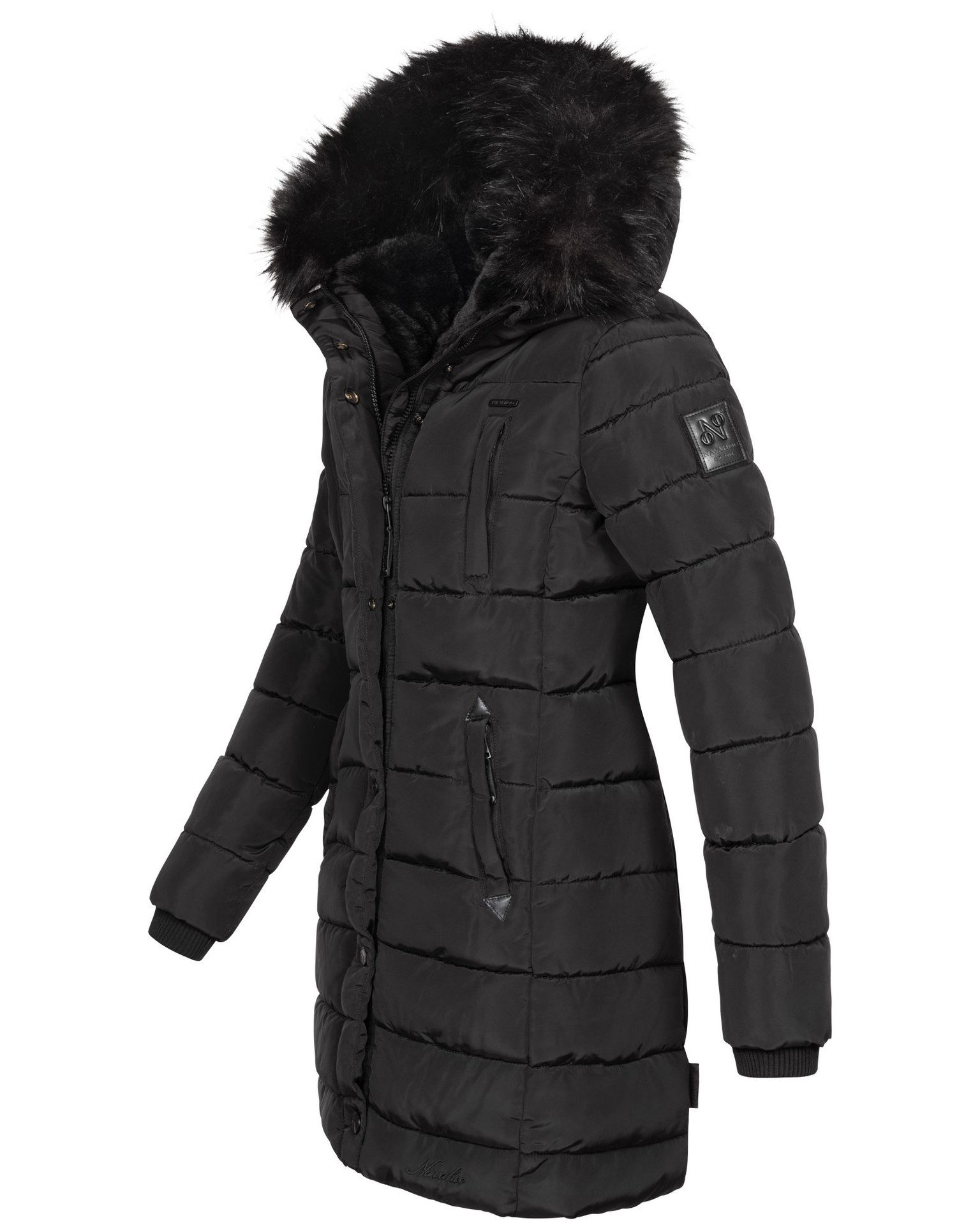 Navahoo Winterjacke Steppjacke lang mit Kapuze – Warm gefüttert Lange Winterjacke mit Teddyfutter und abnehmbarem Kunstfell