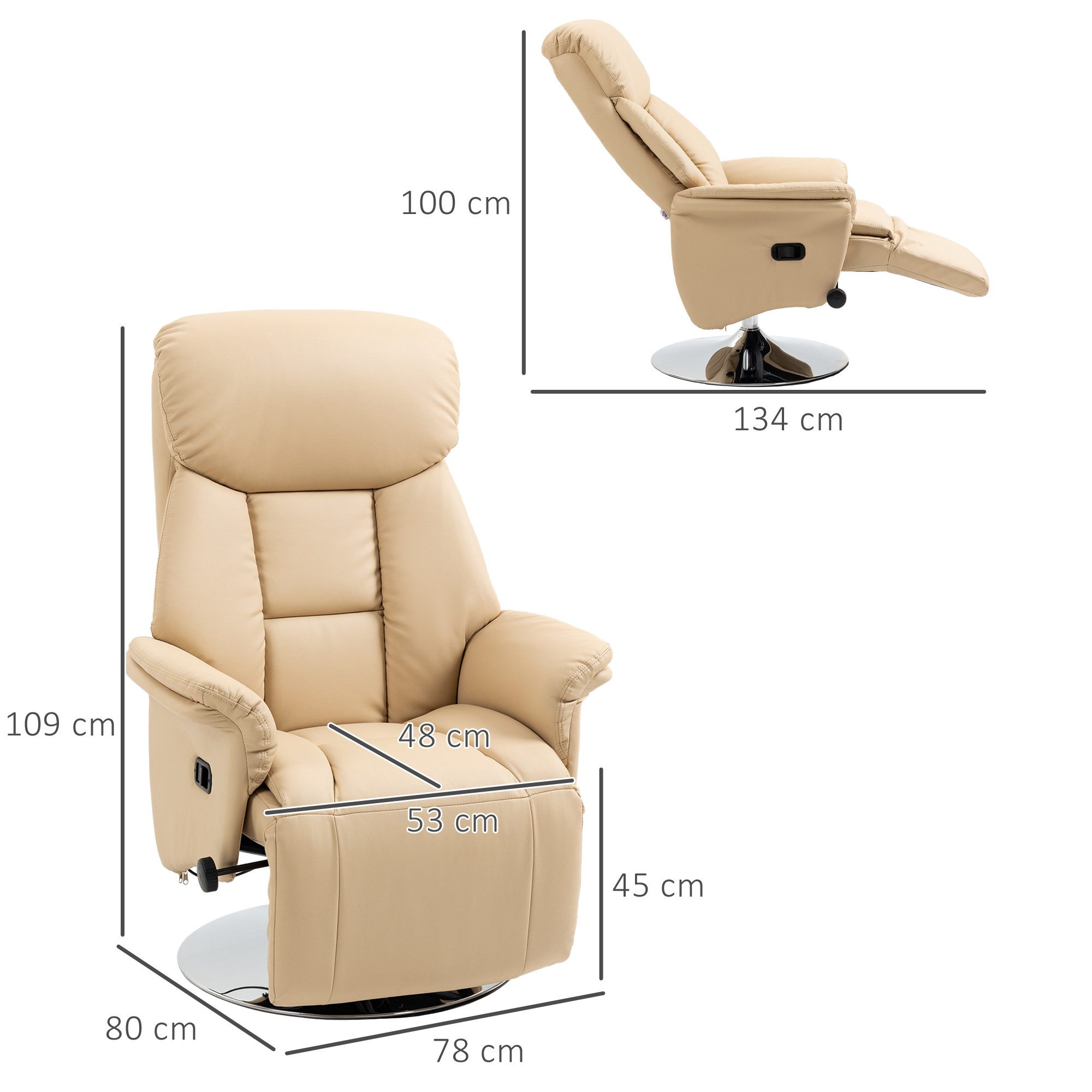 HOMCOM Relaxsessel mit manuell verstellbarer Rückenlehne (Liegesessel, 1-St., TV-Sessel), 360° Drehfunktion, Beige