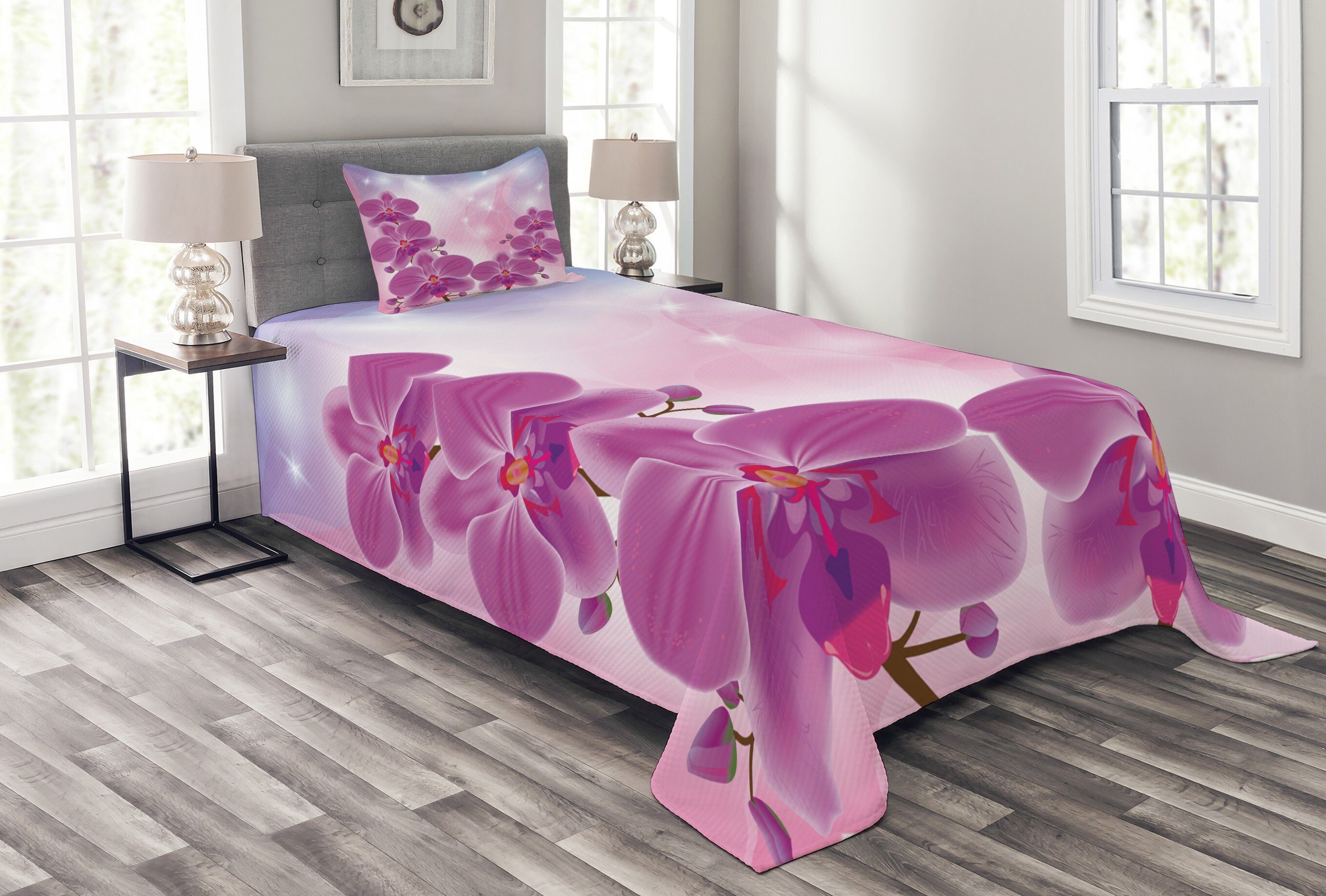 Tagesdecke Waschbar, Set Exotische Blumen Kissenbezügen Abakuhaus, mit Orchideen-Blumen