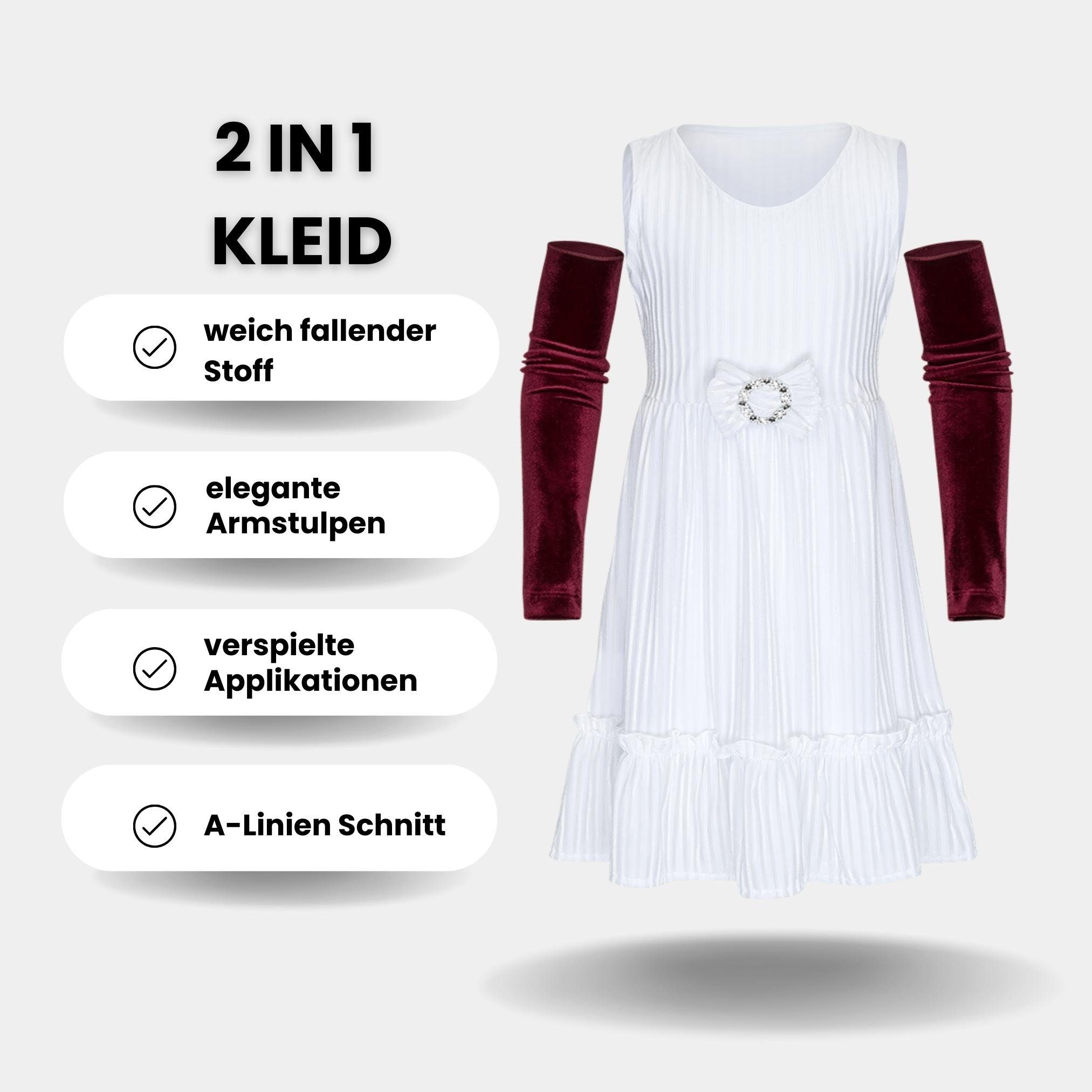 Berlinsel Partykleid Mädchen Abendkleid Festtagskleid Samtkleid 2 in 1 mit Armstulpen weiß für festliche Anlässe wie Geburtstag, Hochzeit, Weihnachtsfest