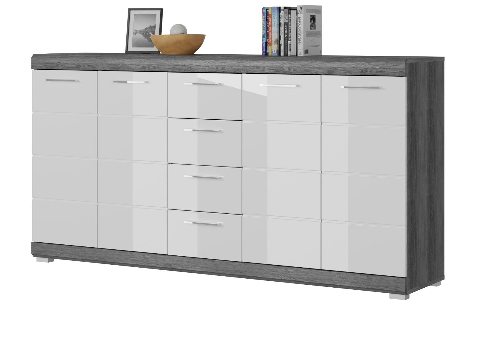Inn.Furn Sideboard Shawn (Kommode weiß Hochglanz und grau Rauchsilber, 165 x 85 cm), 12 Fächer