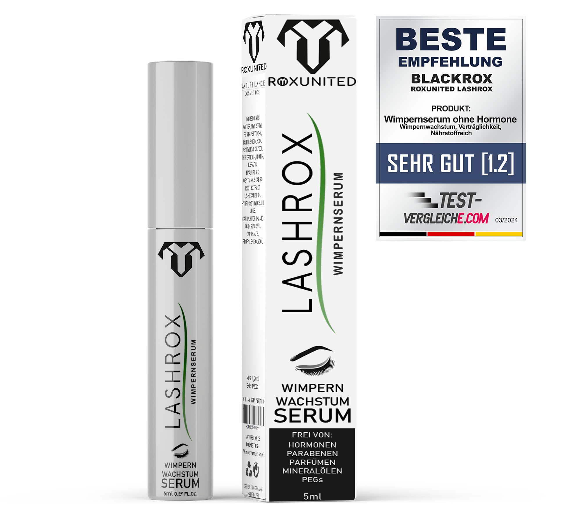 ROXUNITED Wimpernserum [Vergleichssieger 2026] LASHROX Wimpernserum hormonfrei Biotin Koffein, 1-tlg.