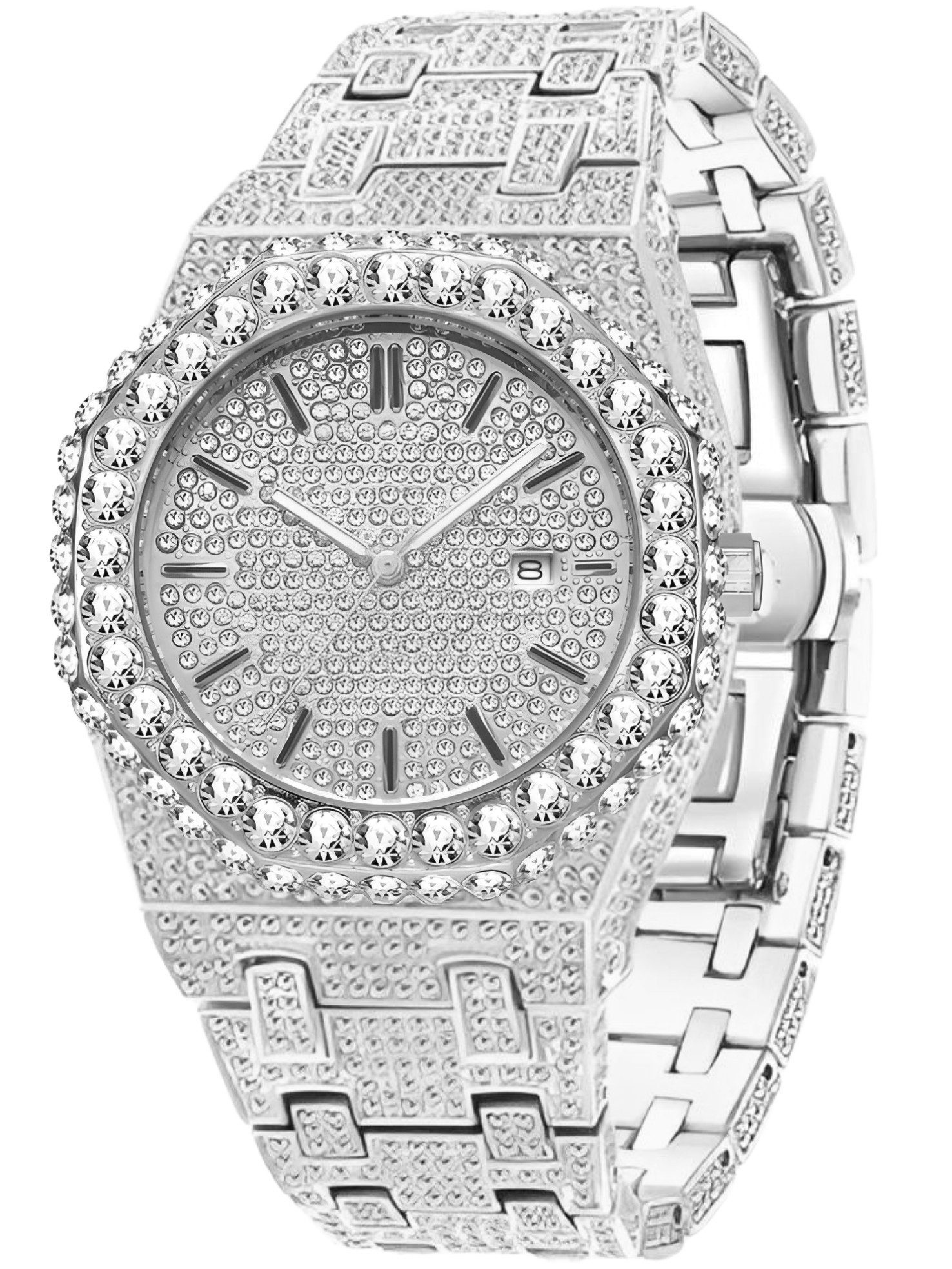 S&T Design Quarzuhr Iced Out Uhr Armbanduhr Herrenuhr Achteckig Diamant, (inkl. Armbandkürzer), Lederuhrenbox), Achteckig, Edelstahl, Diamantzirkonia, Wasserdicht 3Bar