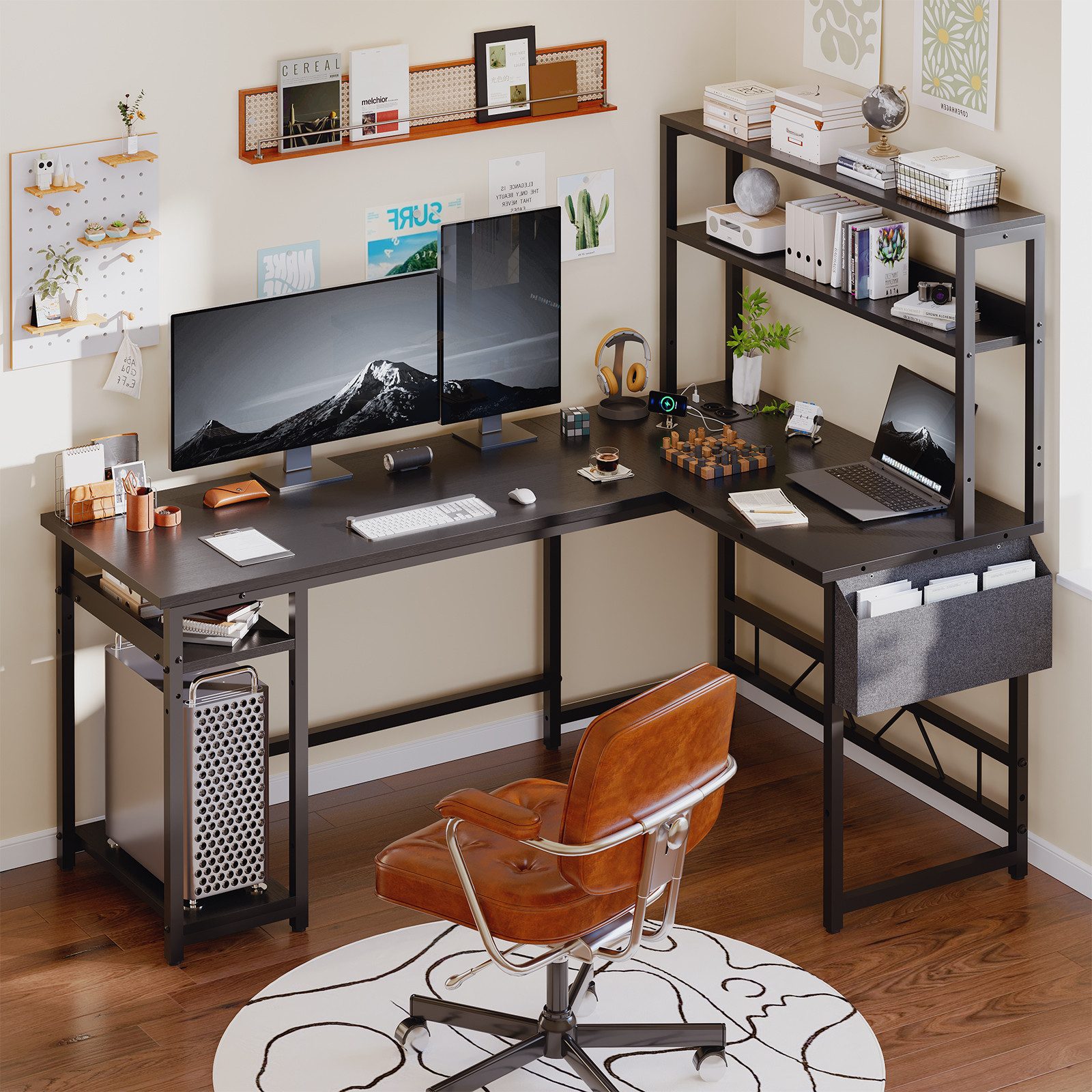 Furnicopia Eckschreibtisch Schreibtisch mit LED und USB L-förmiger Computertisch 160CM (Mit großem Ablagefach, USB-Ladeanschluss und Steckdose)