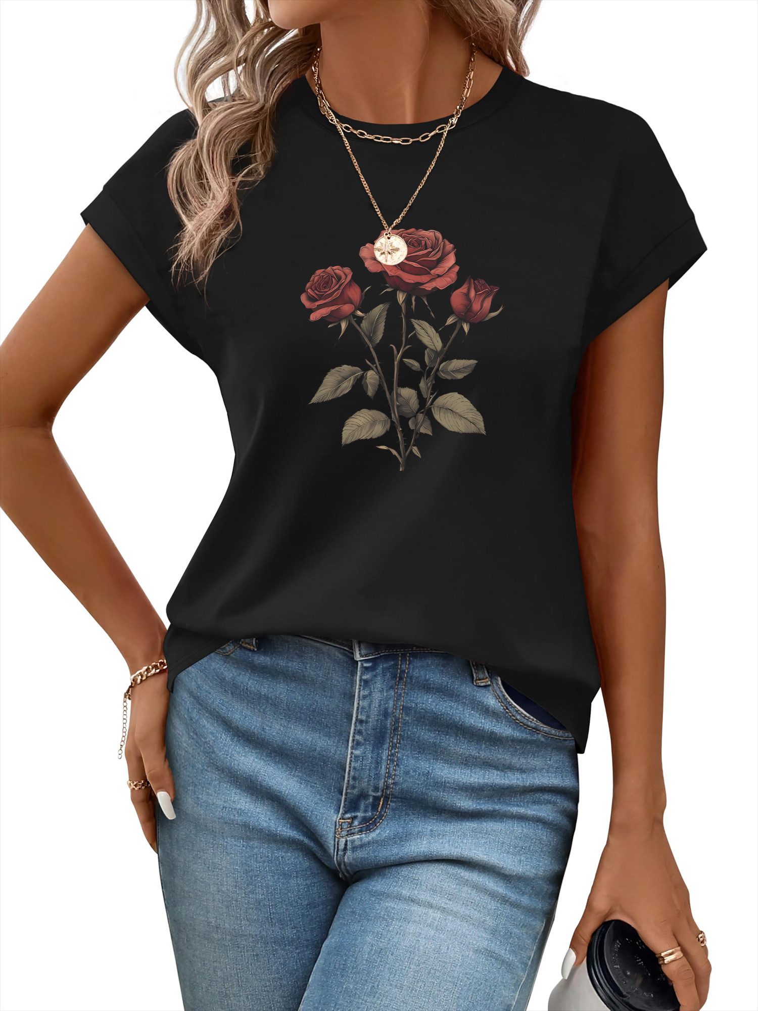 PYLIKE Kurzarmbluse Damen Casual Achselhemd mit Rose Druck bequemes Rundhalsshirt Modische Outfits Business Strand Urlaub Blusen Kleidung
