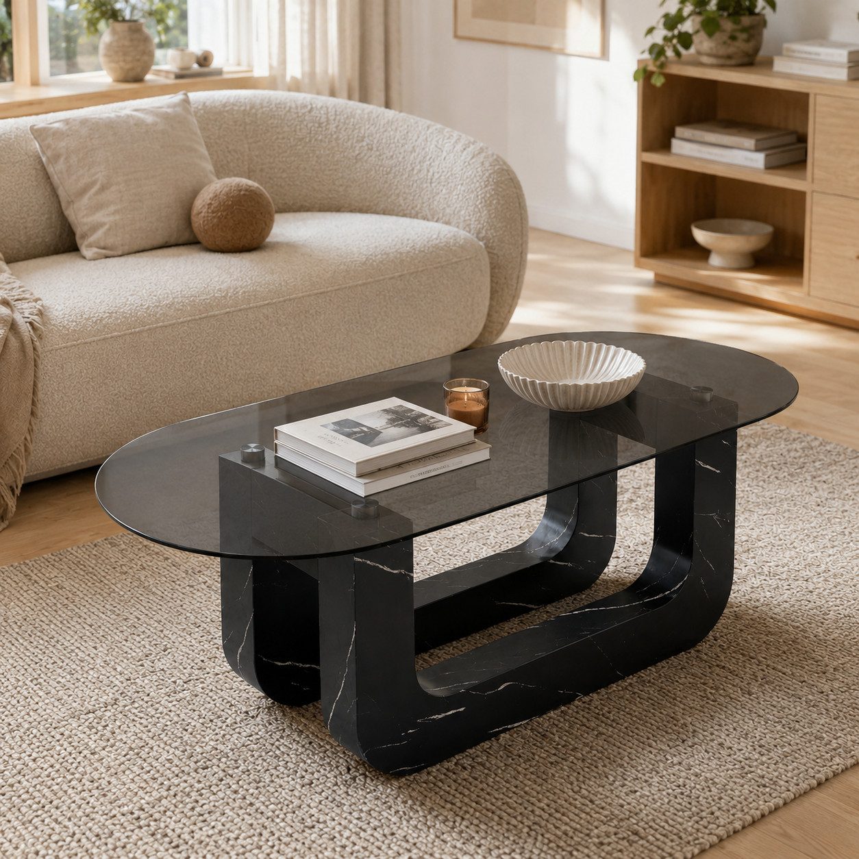 i@home Couchtisch Modernes ovales Couchtisch & Gästetisch,Luxus Wohnzimmertisch,110×55cm, Rauchglas‑Tischplatte,U‑förmiges Gestell,MDF,für Wohnzimmer,Schwarz