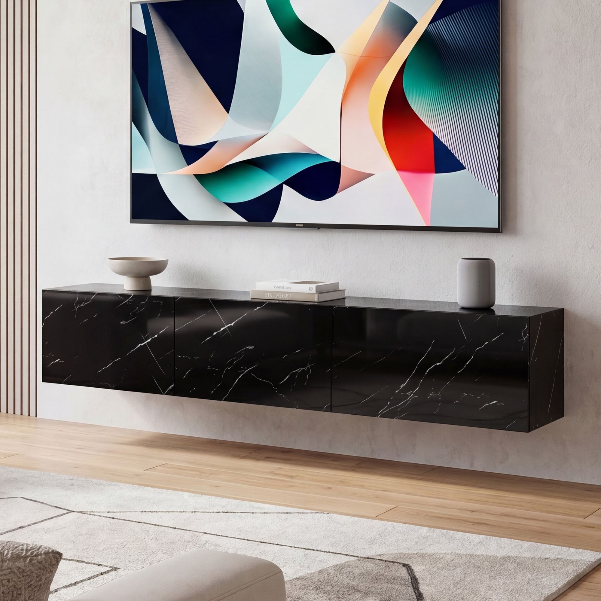FINEBUY Lowboard FB58628 TV Schrank Hängend 160 cm Marmor-Optik TV-Kommode Klapptür (Marmor-Optik Schwarz 120x30x30 cm mit zwei Türen), TV-Kommode Hoch, TV-Schrank Modern, Fernsehtisch