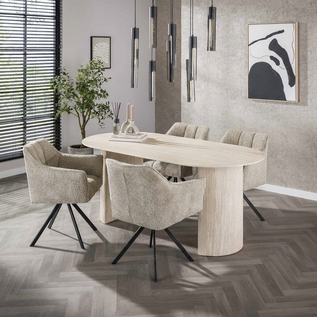 Vintagehaus Essgruppe Arch Organic 180 Travertin + 4 Stühle Raster Strukturstoff