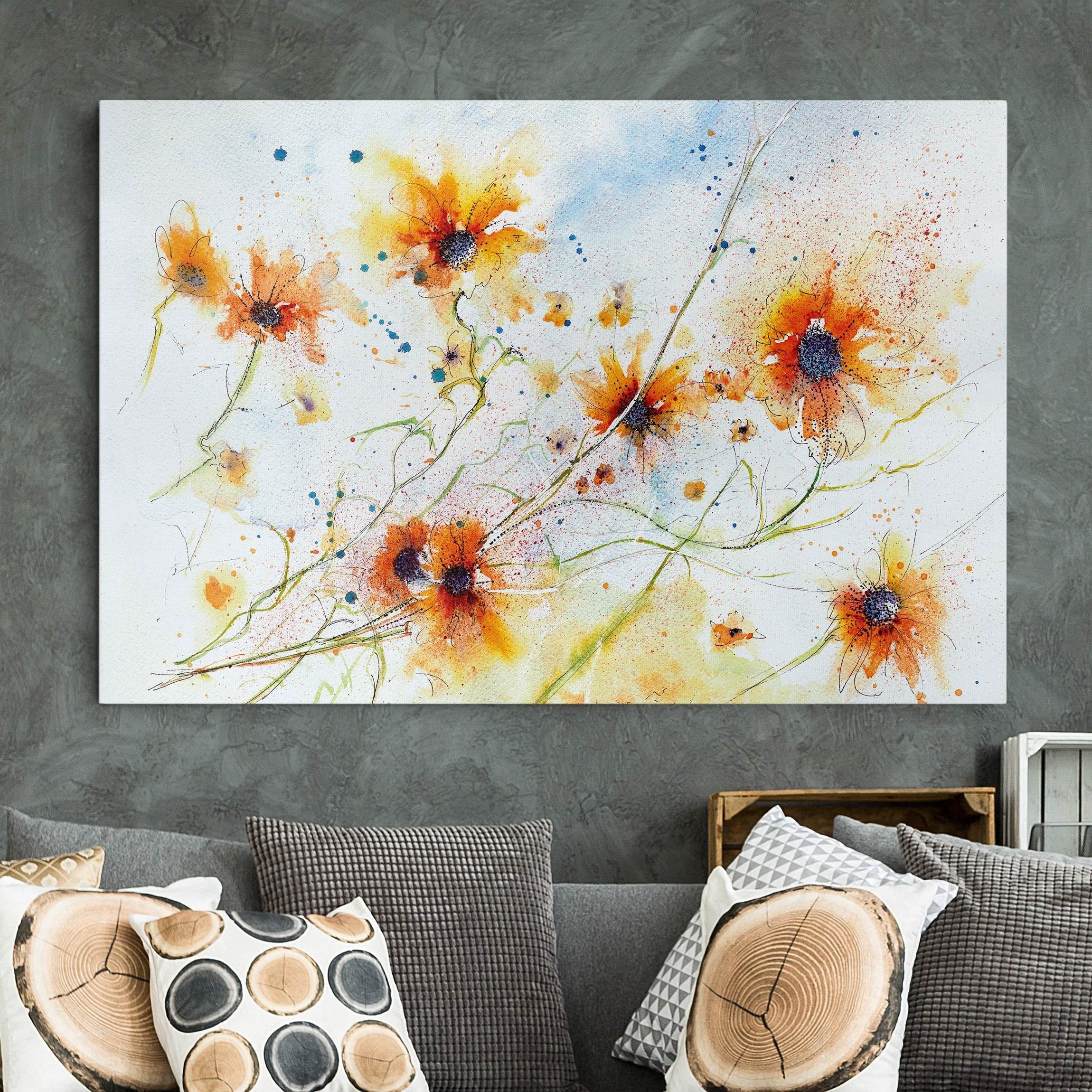 Bilderdepot24 Leinwandbild Blumen Sonnenblume Painted Flowers türkis Bild  auf Leinwand Groß XXL, Blumen & Florales, Bild auf Leinwand; Leinwanddruck  in vielen Größen