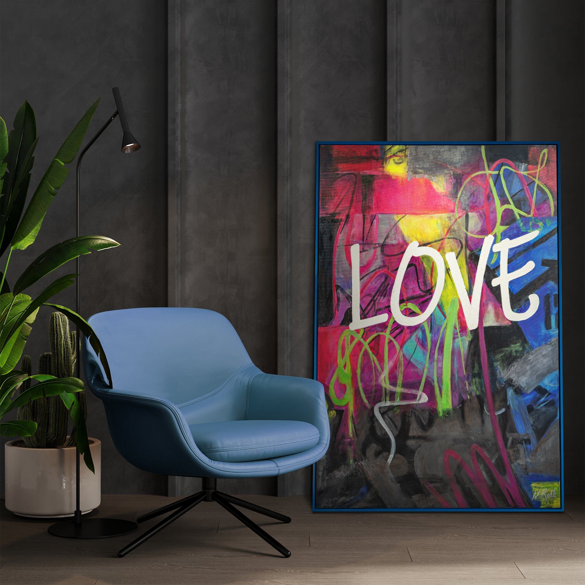 Abstraktion Blau in Rahmen Love, YS-Art Mit Gemälde