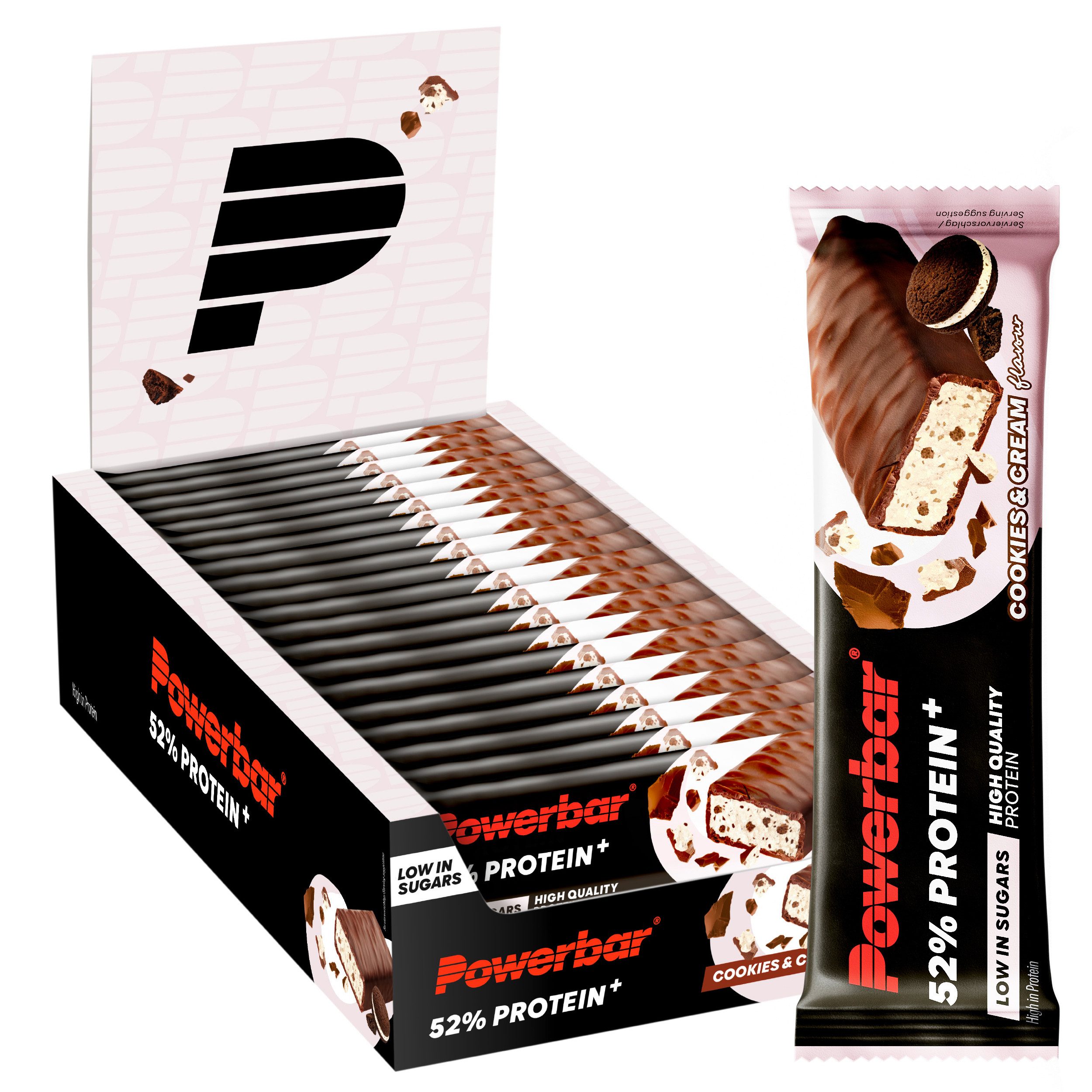 PowerBar 52% Protein Plus Cookies&Cream 20x50g High Protein Low Sugar Riegel Riegel, 20 er Display à 20 St., 1000 g, 26g Eiweiß pro Riegel