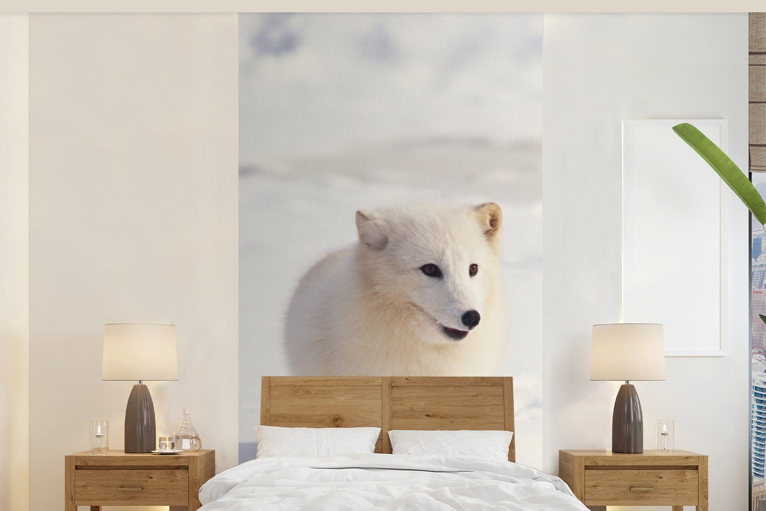 - Fototapete Wohnzimmer Matt, St), bedruckt, für Küche, Weiß, MuchoWow - Fuchs (2 Schnee Vliestapete Schlafzimmer Fototapete