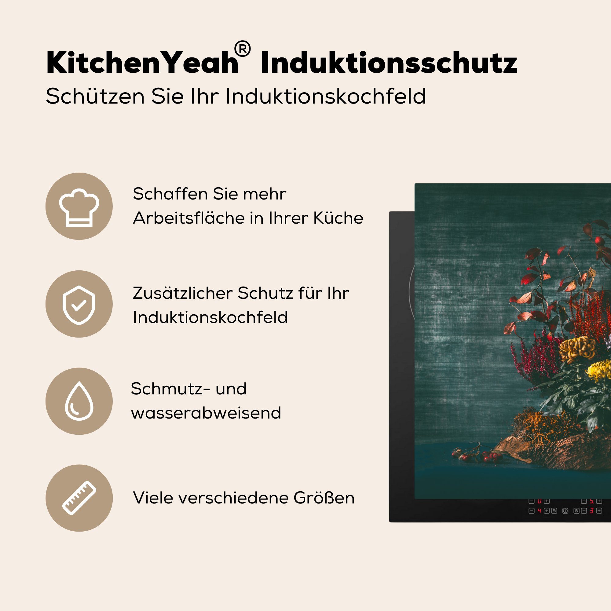 MuchoWow Herdblende-/Abdeckplatte Herbst tlg), Rot cm, Grün, (1 - - Vinyl, Ceranfeldabdeckung, - küche für Blumen Arbeitsplatte 78x78