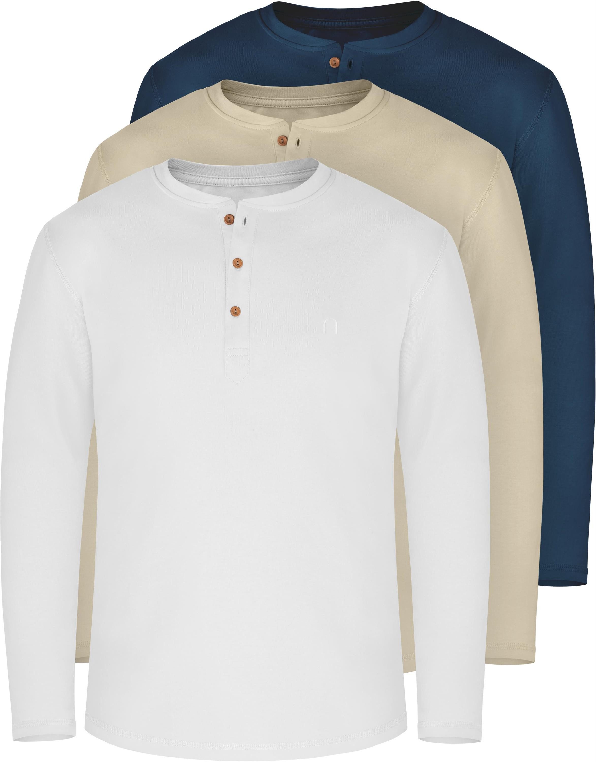 normani Langarmshirt 3er Set Herren Langarm Shirts aus Bio-Baumwolle Basic Henley Shirt für Männer GOTS-zertifiziert