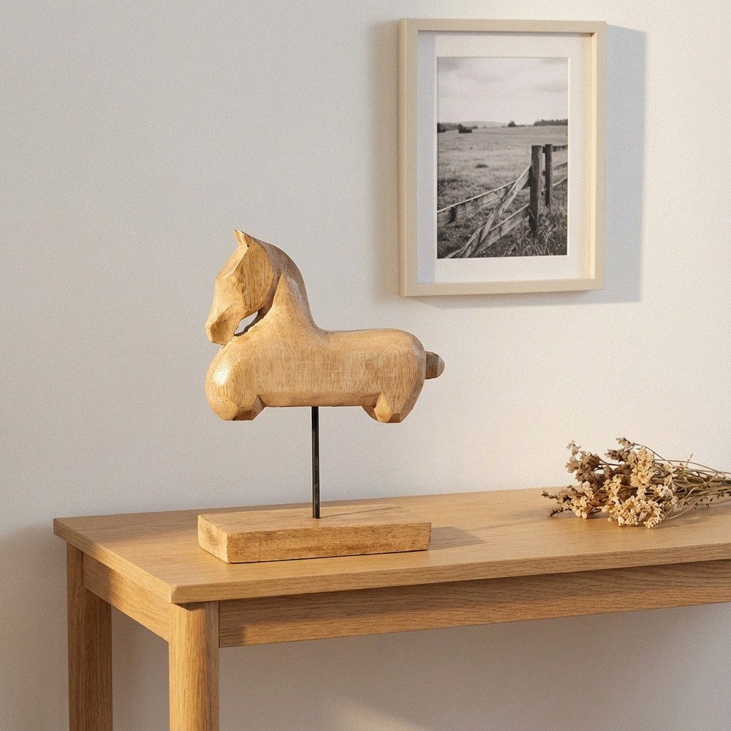 Antikas Wanddekoobjekt Pferdefigur Holz natur auf Sockel, hochwertig handgefertigt, H.23 cm