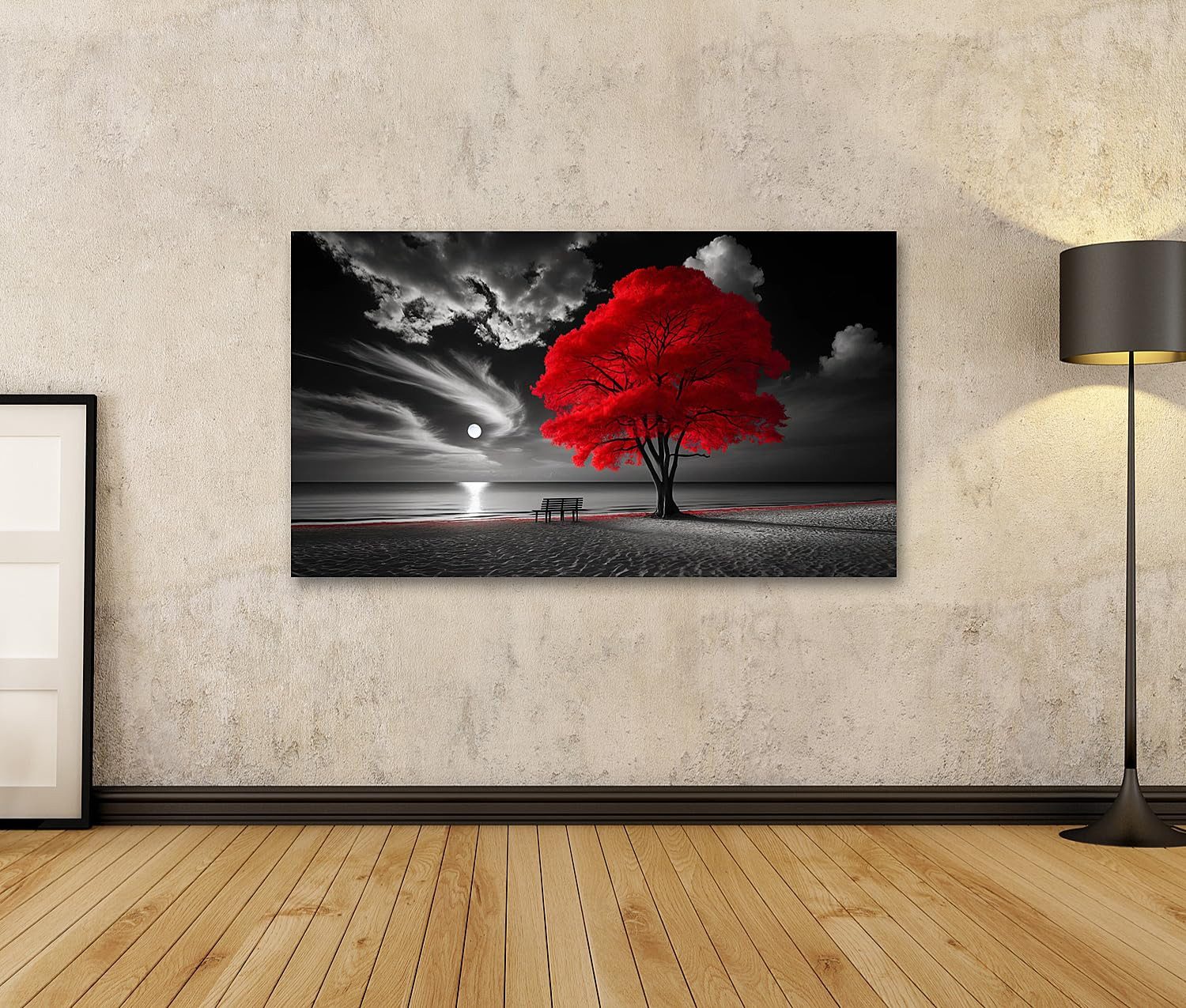 islandburner Leinwandbild Roter Baum am Strand bei Nacht mit Wolken und Bank