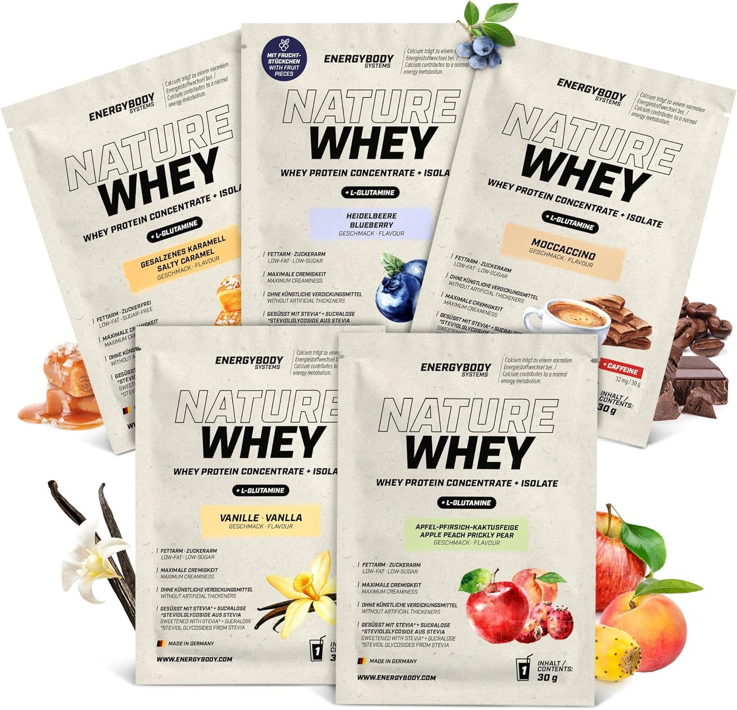 Energybody Systems Nature Whey Protein Probierpaket Portionsbeutel 5x30 g Pulver, 5 er, ohne künstliche Verdickungsmittel, ideal für unterwegs und zum Testen