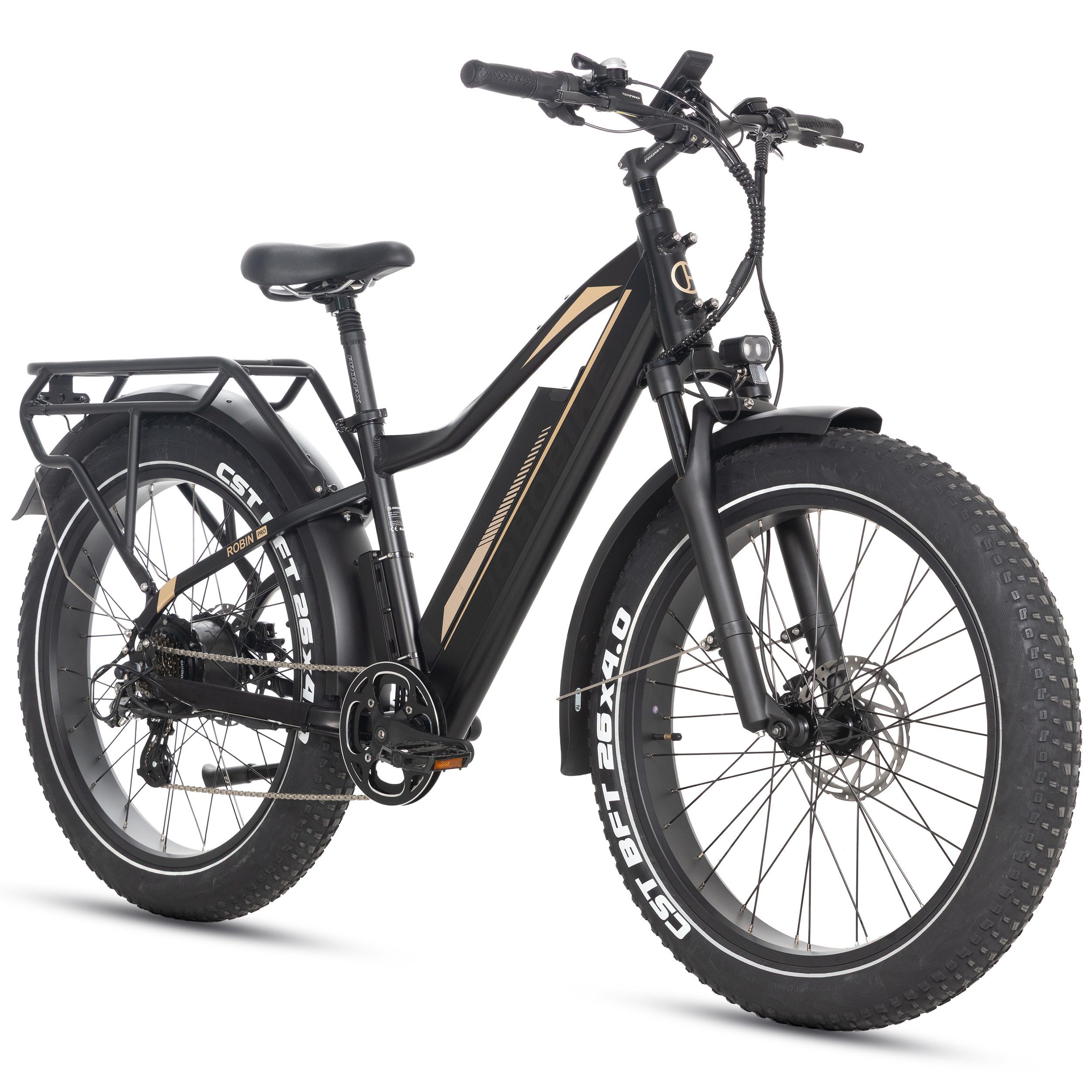 JOBOBIKE E-Bike Mountainbike 26×4 Zoll, bis zu 180km, Fatbike, MTB, Bremslicht- und Blinkerfunktion, 7 Gang Shimano, Kettenschaltung, Heckmotor, 960 Wh, (LCD-Farbdisplay, CST Reifen mit Pannenschutz, hydr. Scheibenbremsen), Robin Pro, 960Wh, Federsattelstütze, Elektrofahrrad für Damen Herren