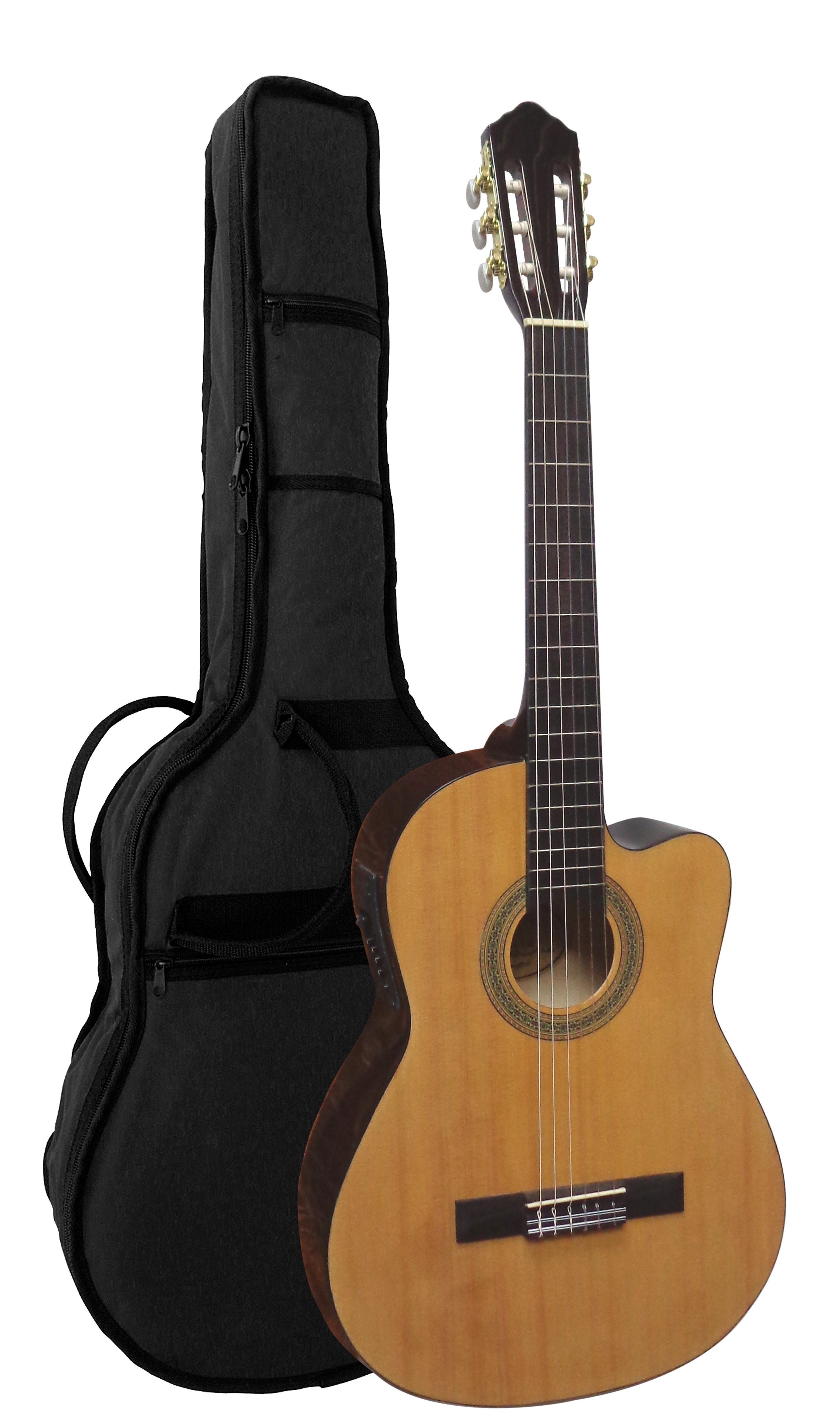 MSA Akustikgitarre Konzertgitarre mit EQ und Cutaway, Gitarre im Set mit Tasche, Band, Pleks, Stimmmgerät und Kabel