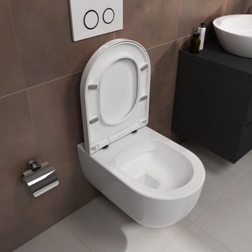 Aqua Bagno Tiefspül-WC Tiefspüler, spülrandlos, weiß, Sitz mit softclose, hängend, wandhängend, Abgang waagerecht