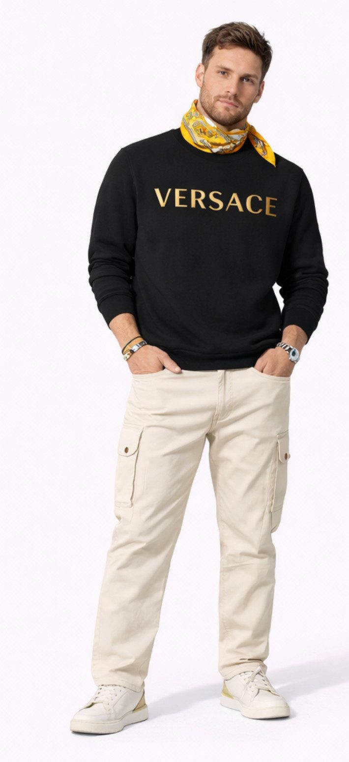Versace Sweatshirt Stickerei Gold Logo Pullover Gebürstetes Stoff Teil der Versace Mainline, Extravagant, Atmungsaktives Material