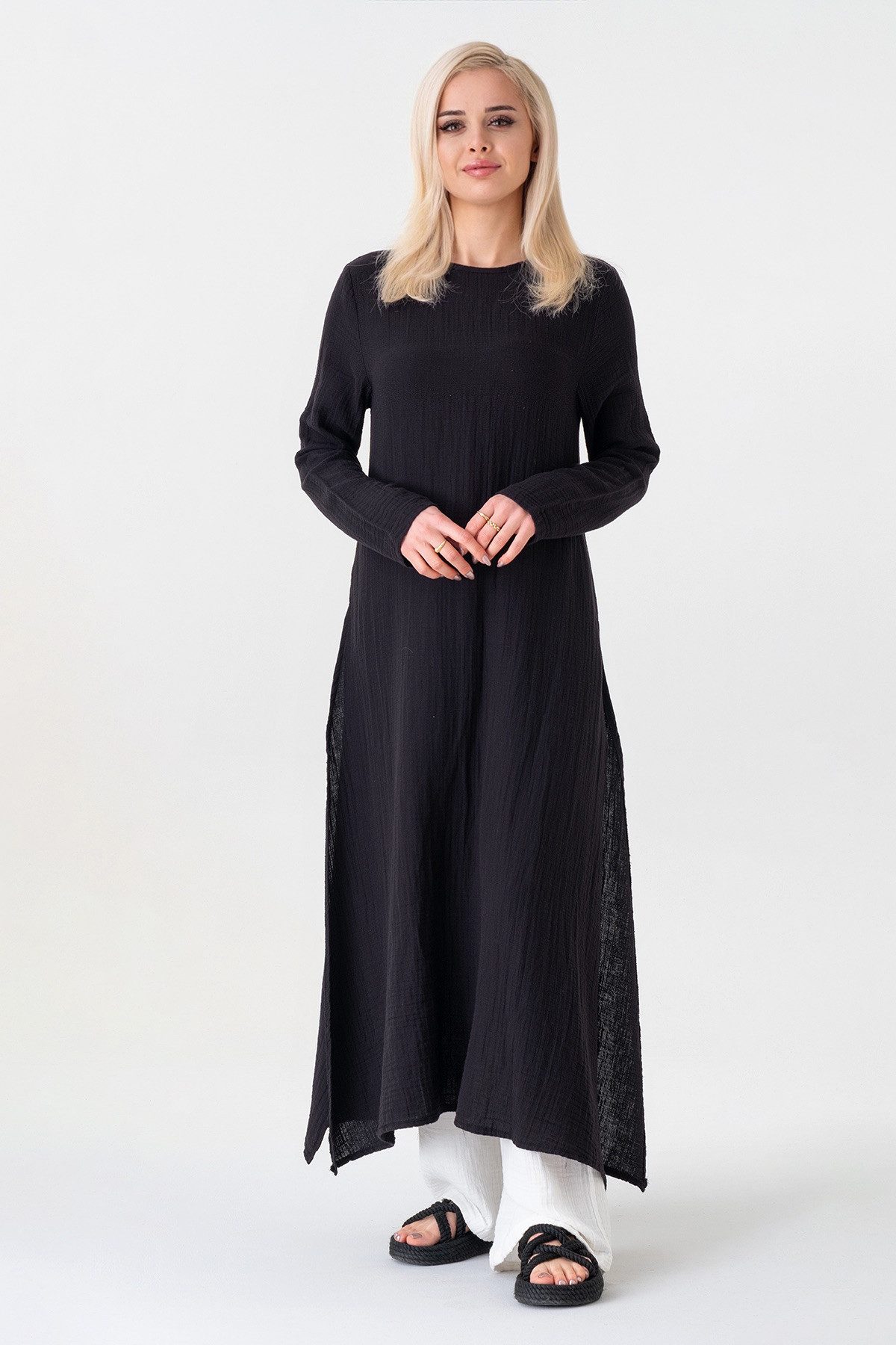 WENOR Longtunika Damen Musselin Longbluse Langarm mit Seitenschlitzen Modest Fashion extra langer Schnitt für bedeckte Looks