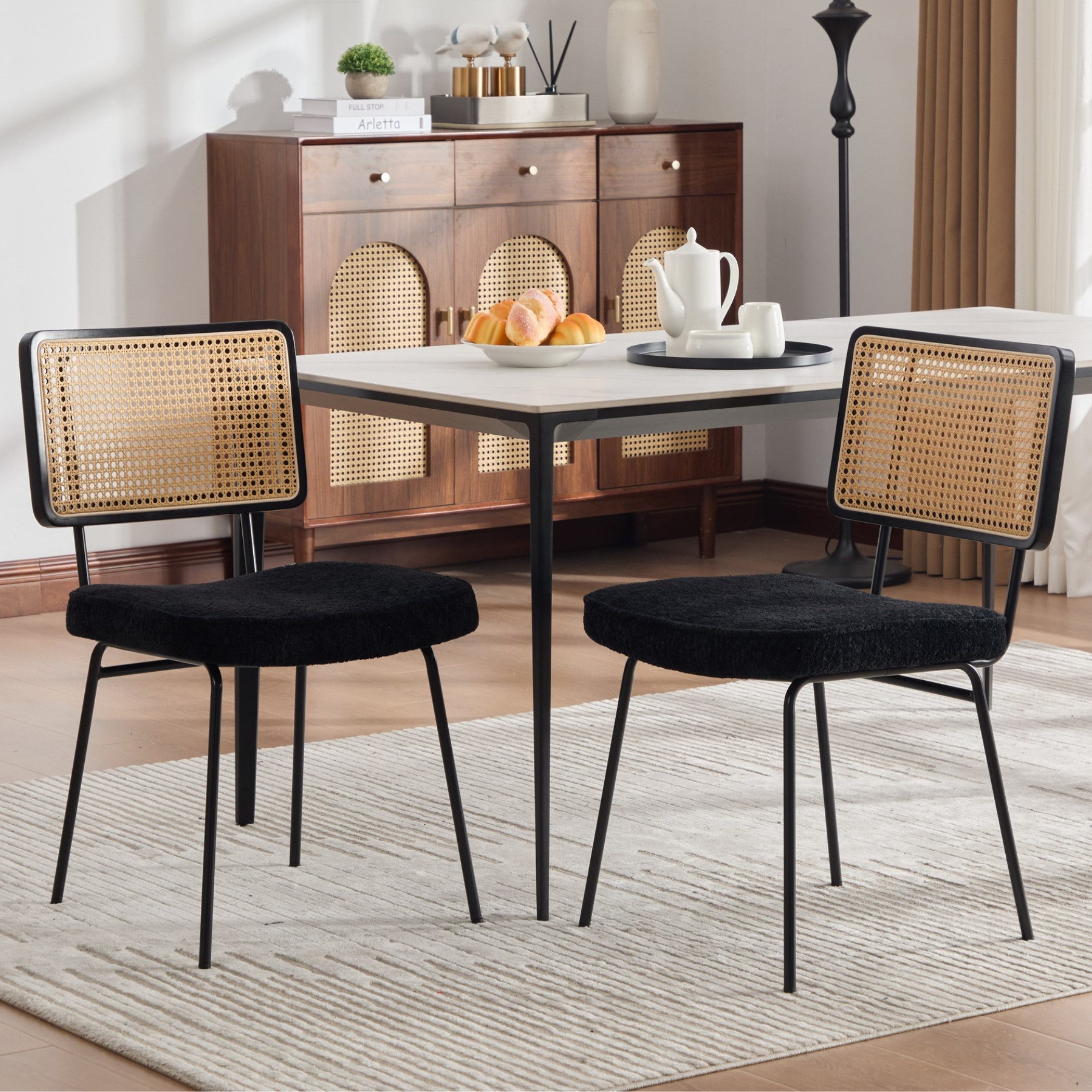 SeedWave Esszimmerstuhl 2er Set Küchenstuhl Retro Metallstuhl, PE-Rattan Rücken mit Holzrahmen, Stuhlset mit Chenille Polster, 120kg Belastbarkeit
