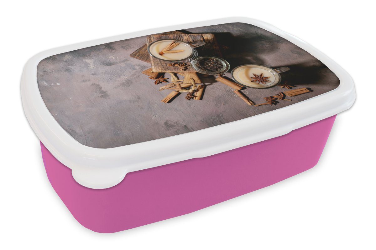 MuchoWow Lunchbox Brotbox Erwachsene, für Snackbox, Kunststoff Brotdose Zimt, Loser (2-tlg), Kunststoff, Mädchen, Tee - Kinder, Milch rosa 