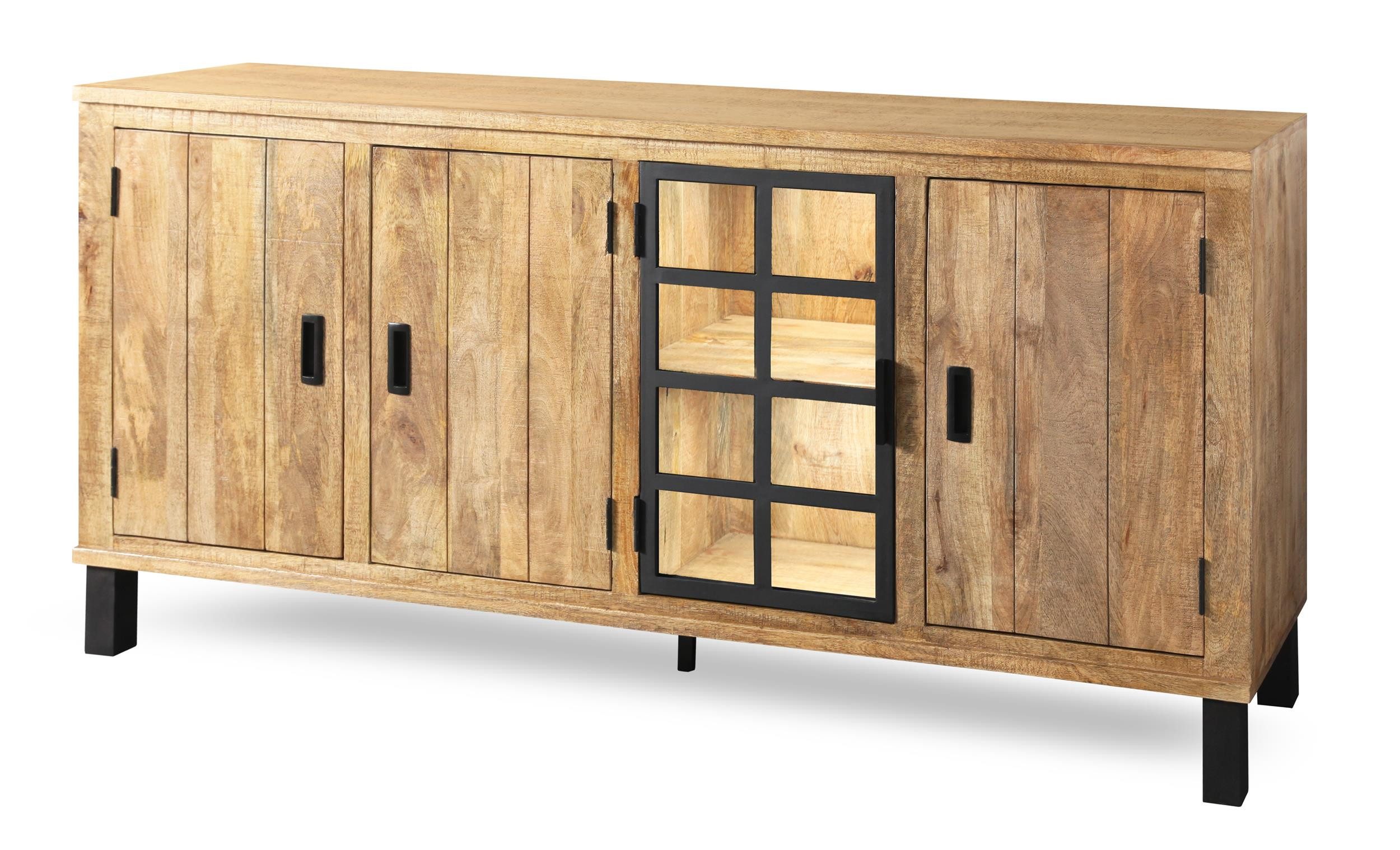 WOLF MÖBEL Sideboard (175 x 40 x 90), KALI Kommode mit 3 Holz-/ 1 Glastür und Licht